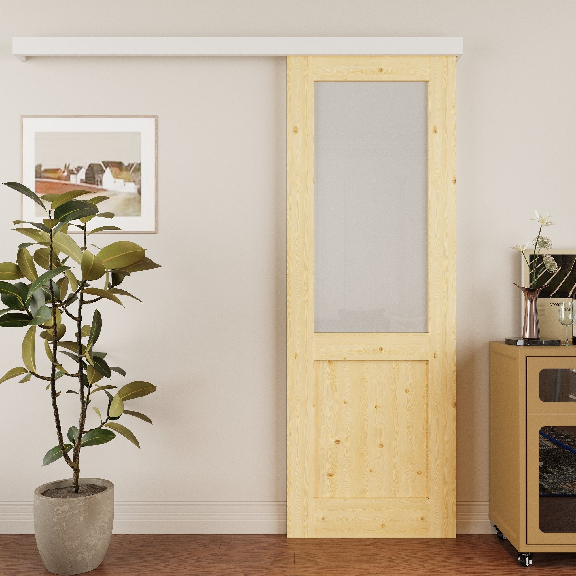Ark Design Hidden Track Style Half Lite Frosted Glass Unfinished Solid Pine Wood Sliding Barn Door with Hardware Kit