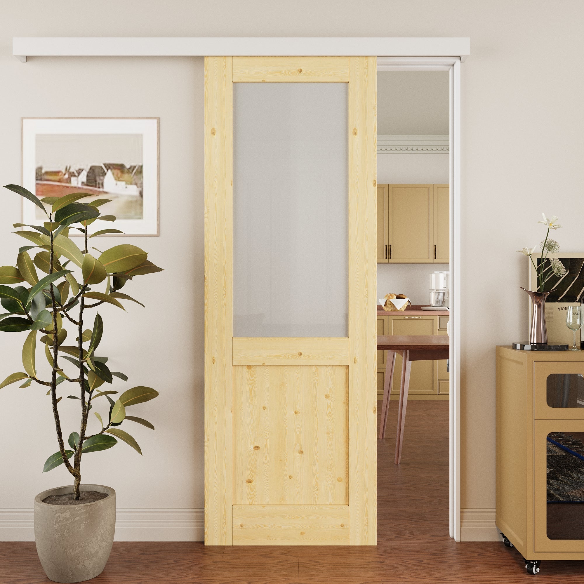 Ark Design Hidden Track Style Half Lite Frosted Glass Unfinished Solid Pine Wood Sliding Barn Door with Hardware Kit