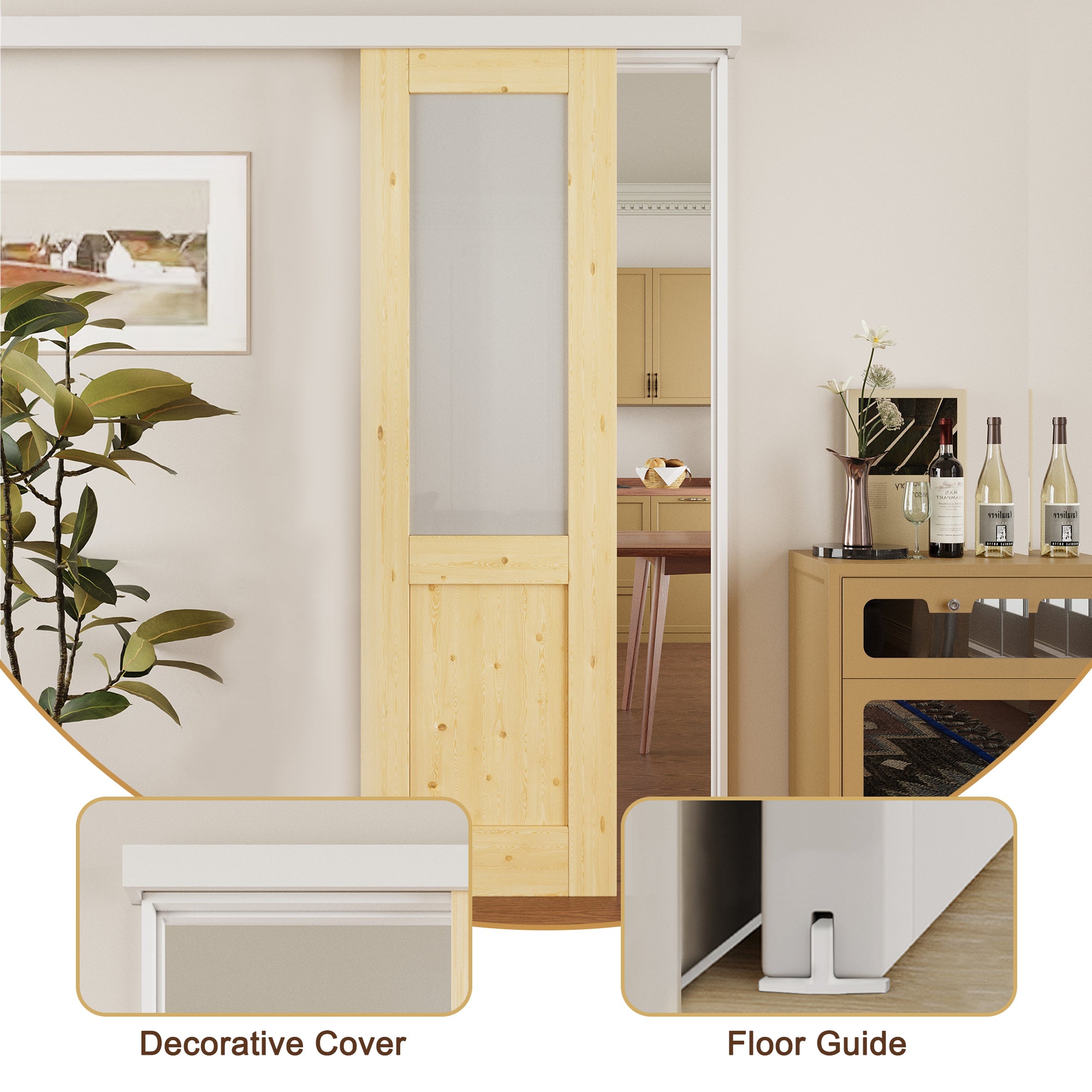 Ark Design Hidden Track Style Half Lite Frosted Glass Unfinished Solid Pine Wood Sliding Barn Door with Hardware Kit