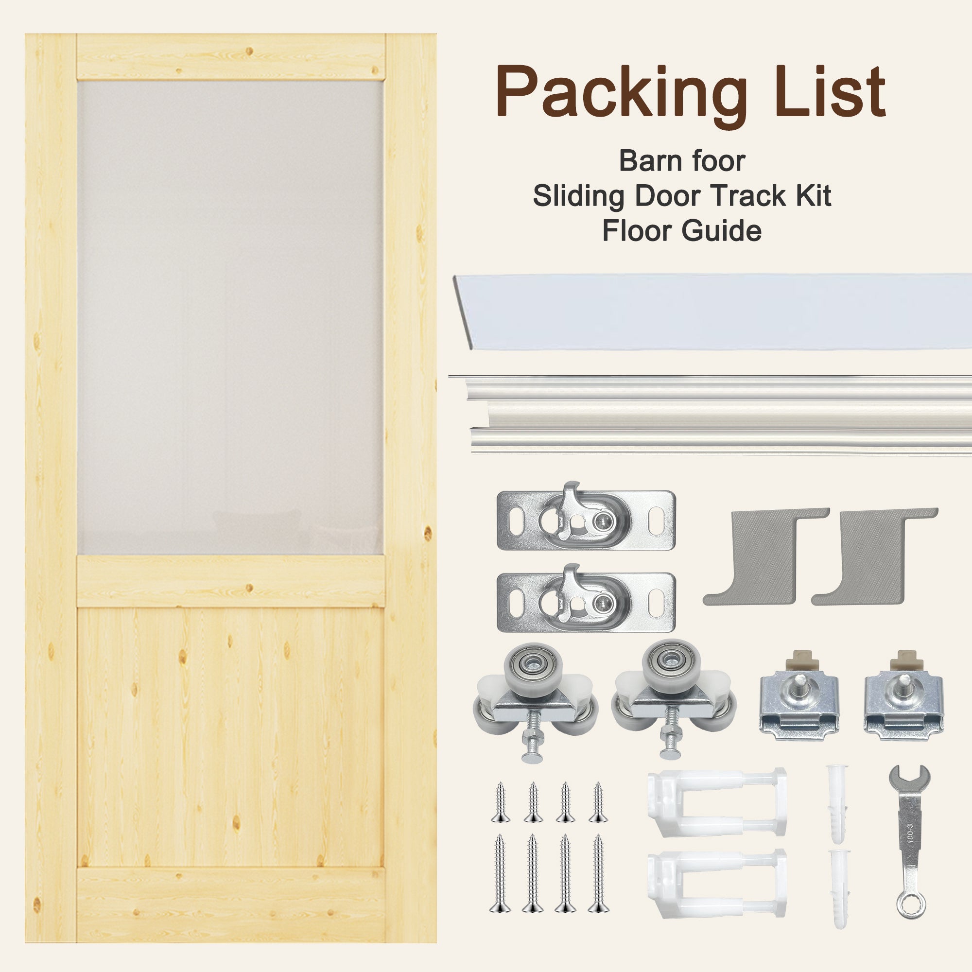 Ark Design Hidden Track Style Half Lite Frosted Glass Unfinished Solid Pine Wood Sliding Barn Door with Hardware Kit