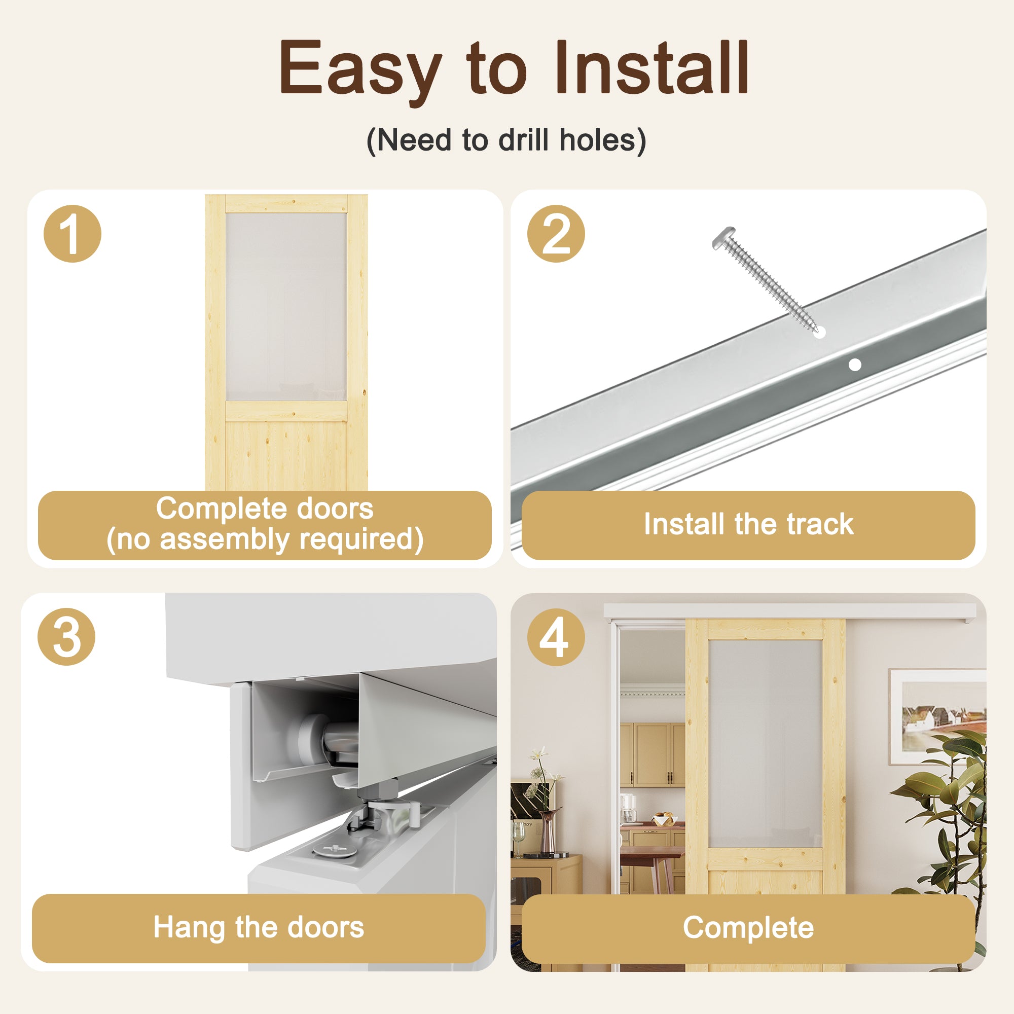 Ark Design Hidden Track Style Half Lite Frosted Glass Unfinished Solid Pine Wood Sliding Barn Door with Hardware Kit