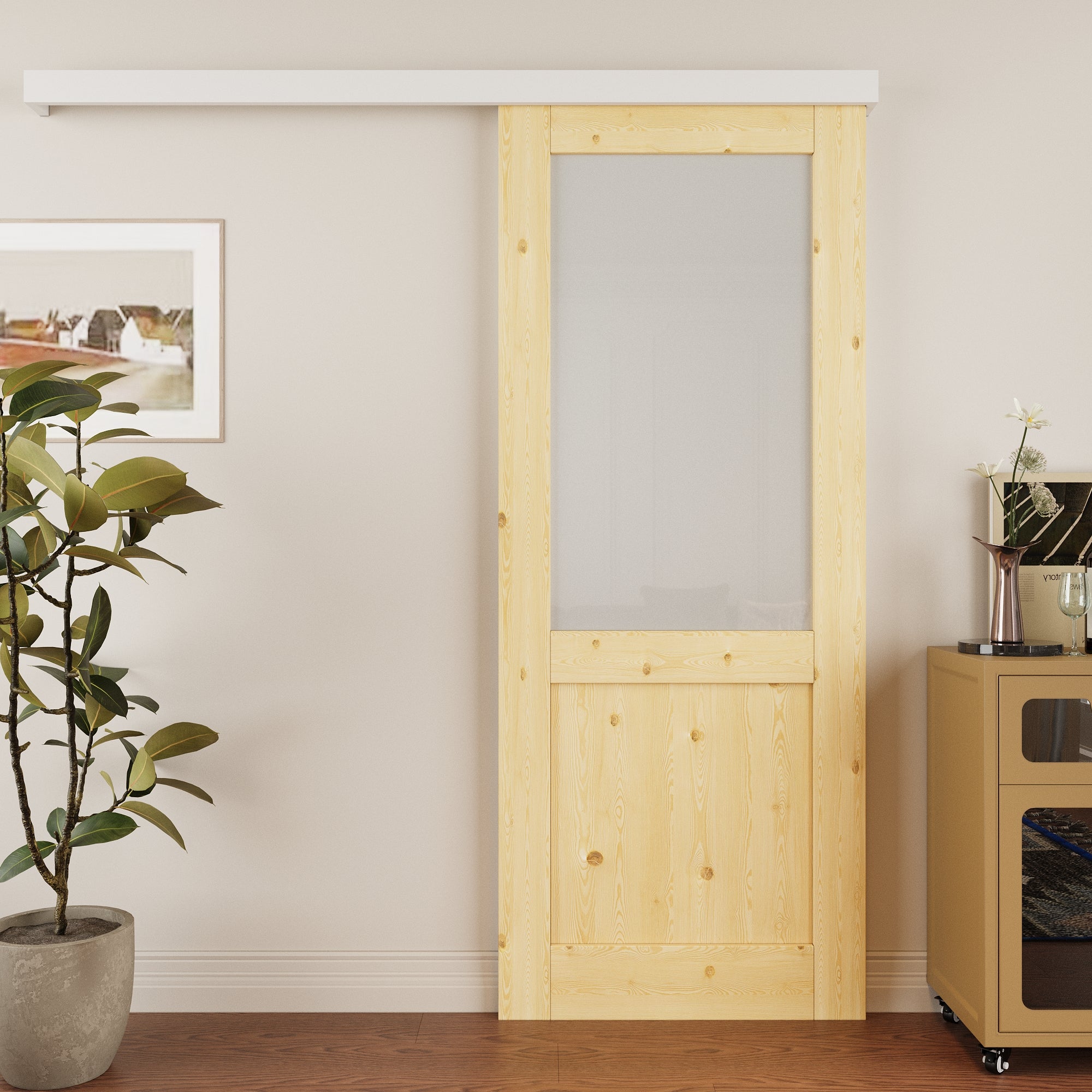Ark Design Hidden Track Style Half Lite Frosted Glass Unfinished Solid Pine Wood Sliding Barn Door with Hardware Kit