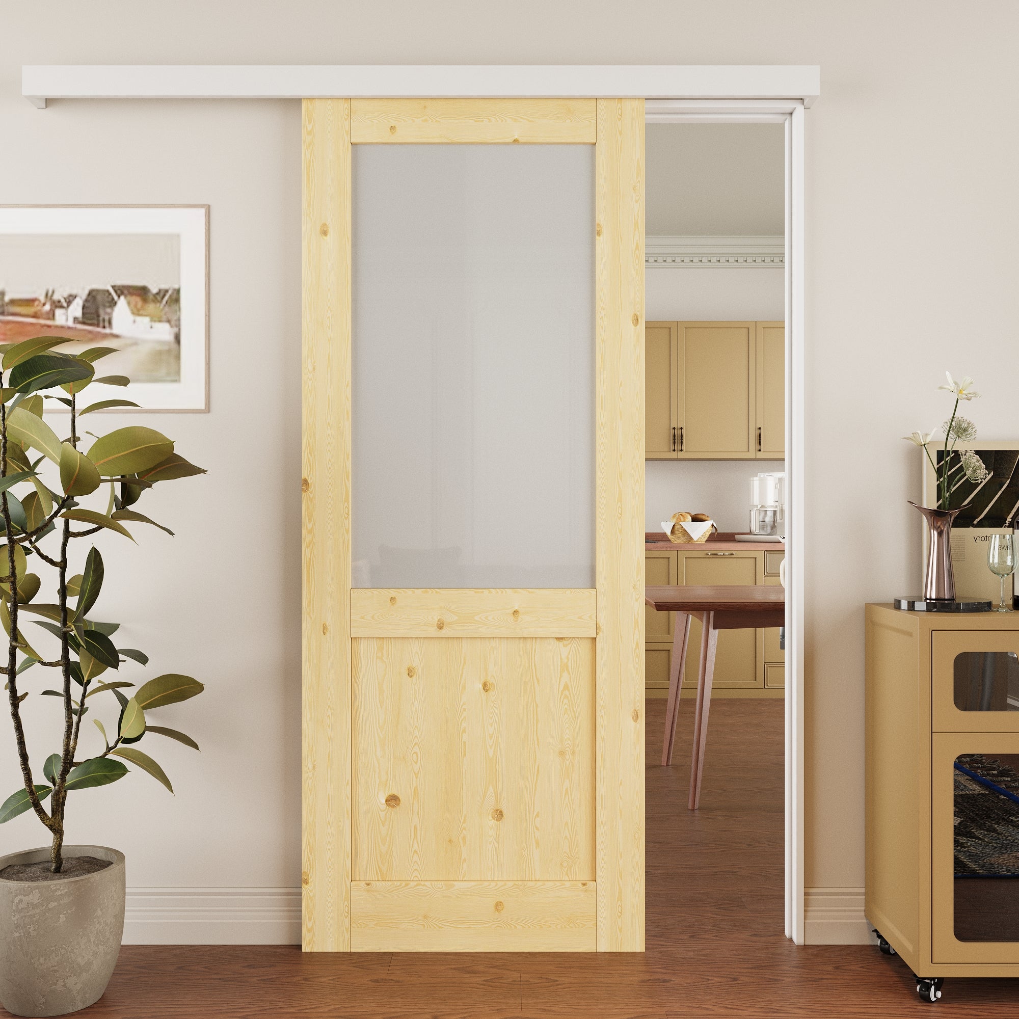 Ark Design Hidden Track Style Half Lite Frosted Glass Unfinished Solid Pine Wood Sliding Barn Door with Hardware Kit