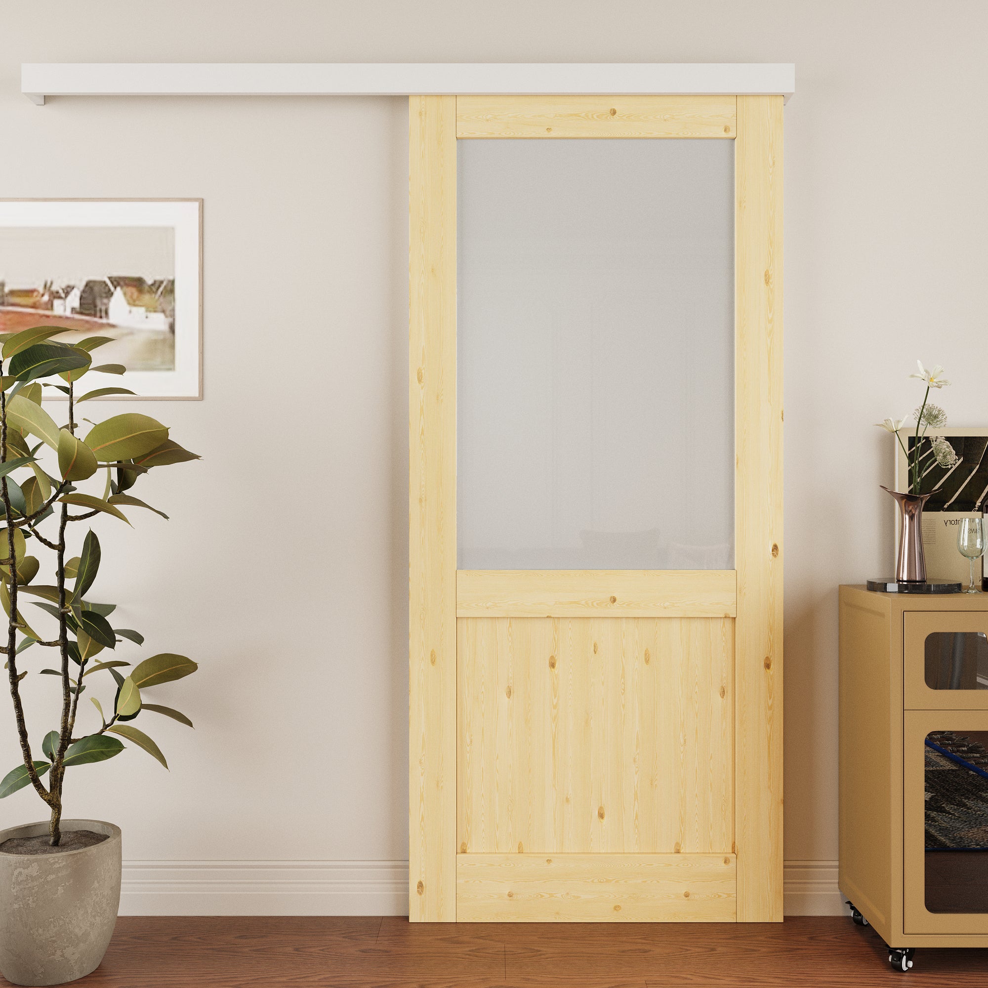 Ark Design Hidden Track Style Half Lite Frosted Glass Unfinished Solid Pine Wood Sliding Barn Door with Hardware Kit