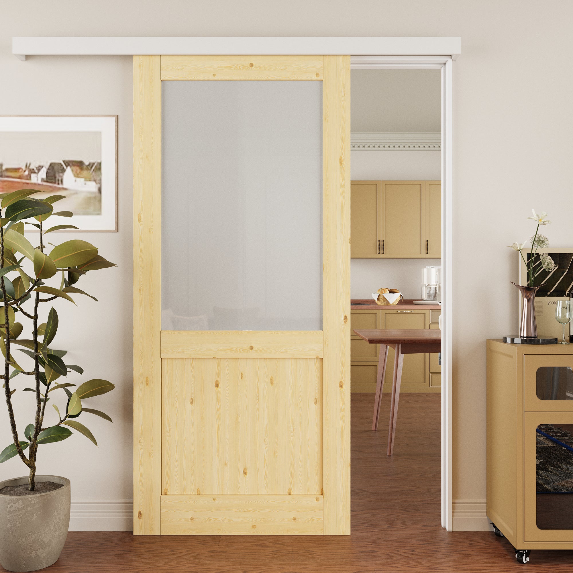 Ark Design Hidden Track Style Half Lite Frosted Glass Unfinished Solid Pine Wood Sliding Barn Door with Hardware Kit
