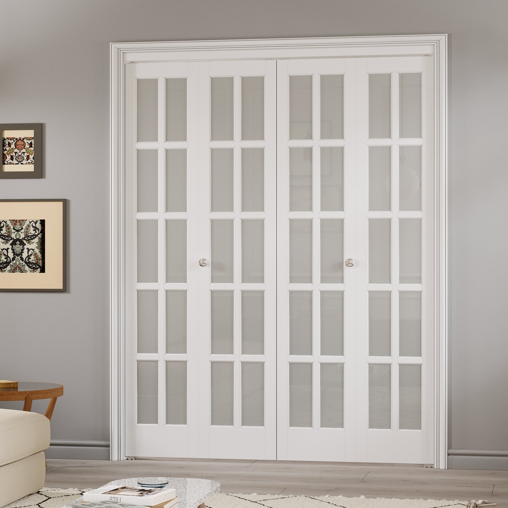 Ark Design 10-Lite Tempered Frosted Glass Closet Bifold Door with Hardware Kit & Knob, Solid Core MDF Wood & PVC Covered Finished, White