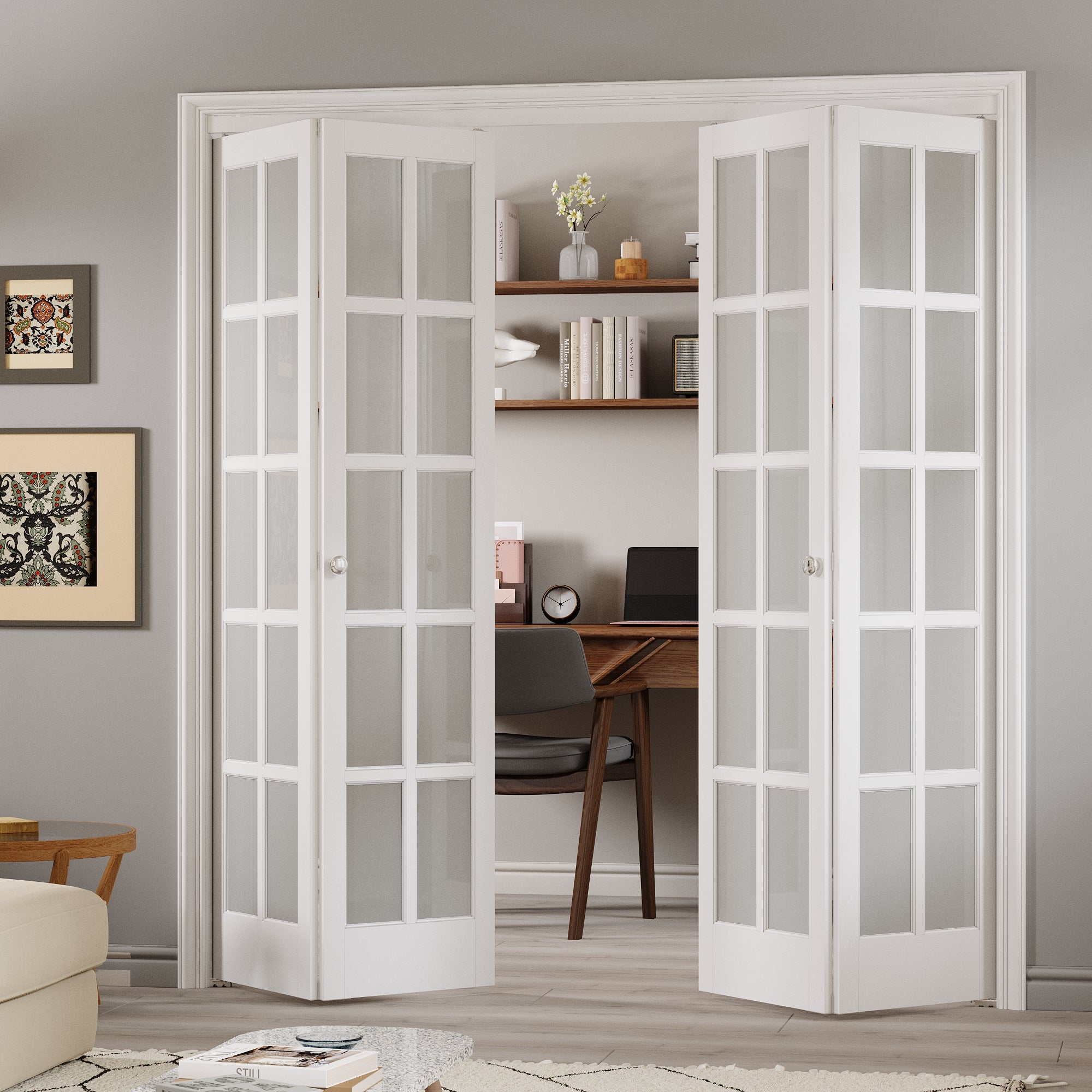 Ark Design 10-Lite Tempered Frosted Glass Closet Bifold Door with Hardware Kit & Knob, Solid Core MDF Wood & PVC Covered Finished, White