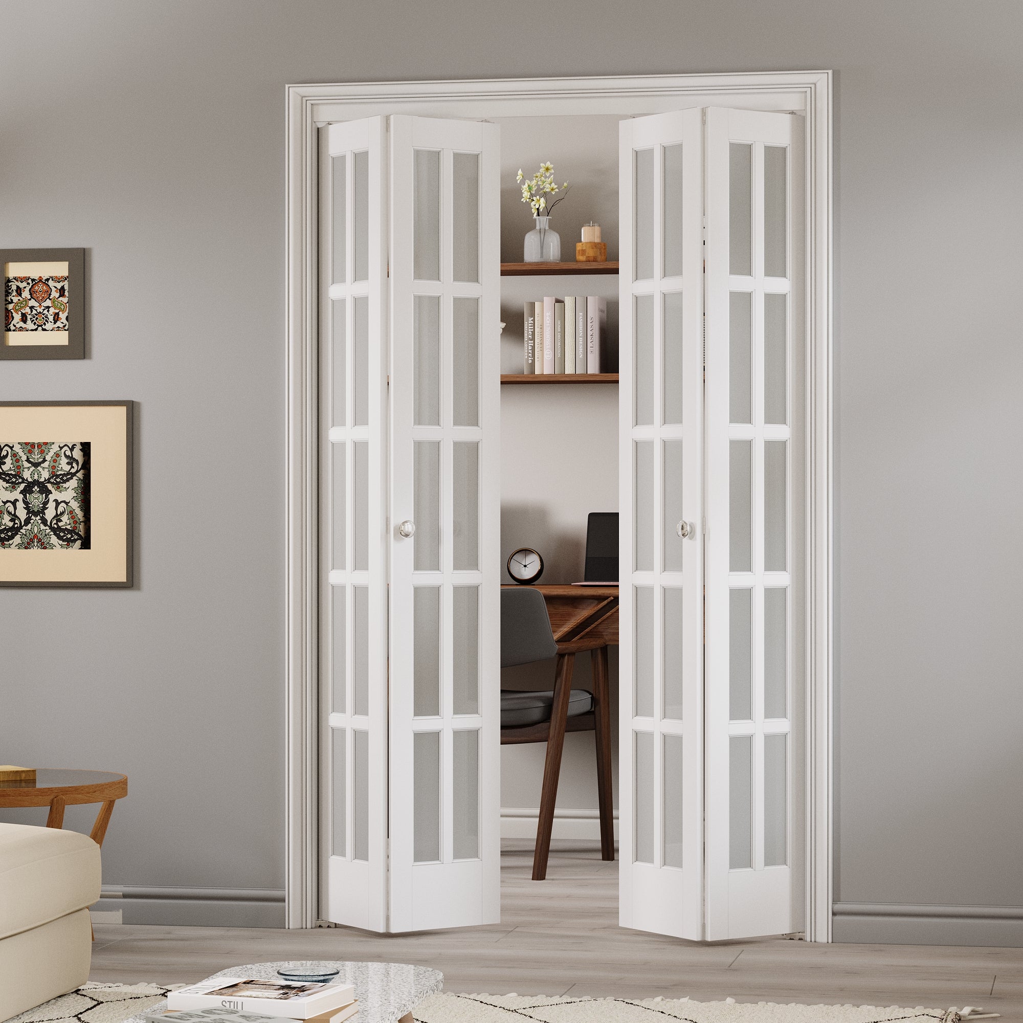 Ark Design 10-Lite Tempered Frosted Glass Closet Bifold Door with Hardware Kit & Knob, Solid Core MDF Wood & PVC Covered Finished, White