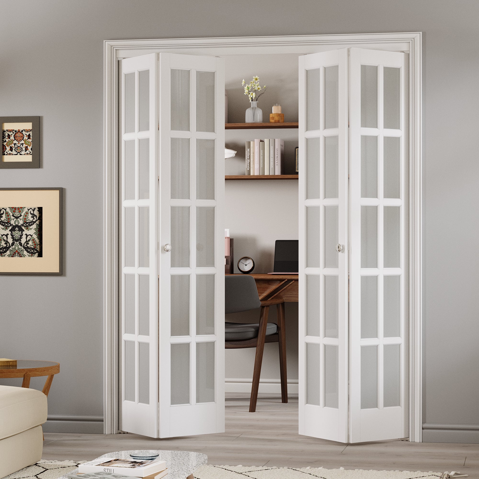 Ark Design 10-Lite Tempered Frosted Glass Closet Bifold Door with Hardware Kit & Knob, Solid Core MDF Wood & PVC Covered Finished, White