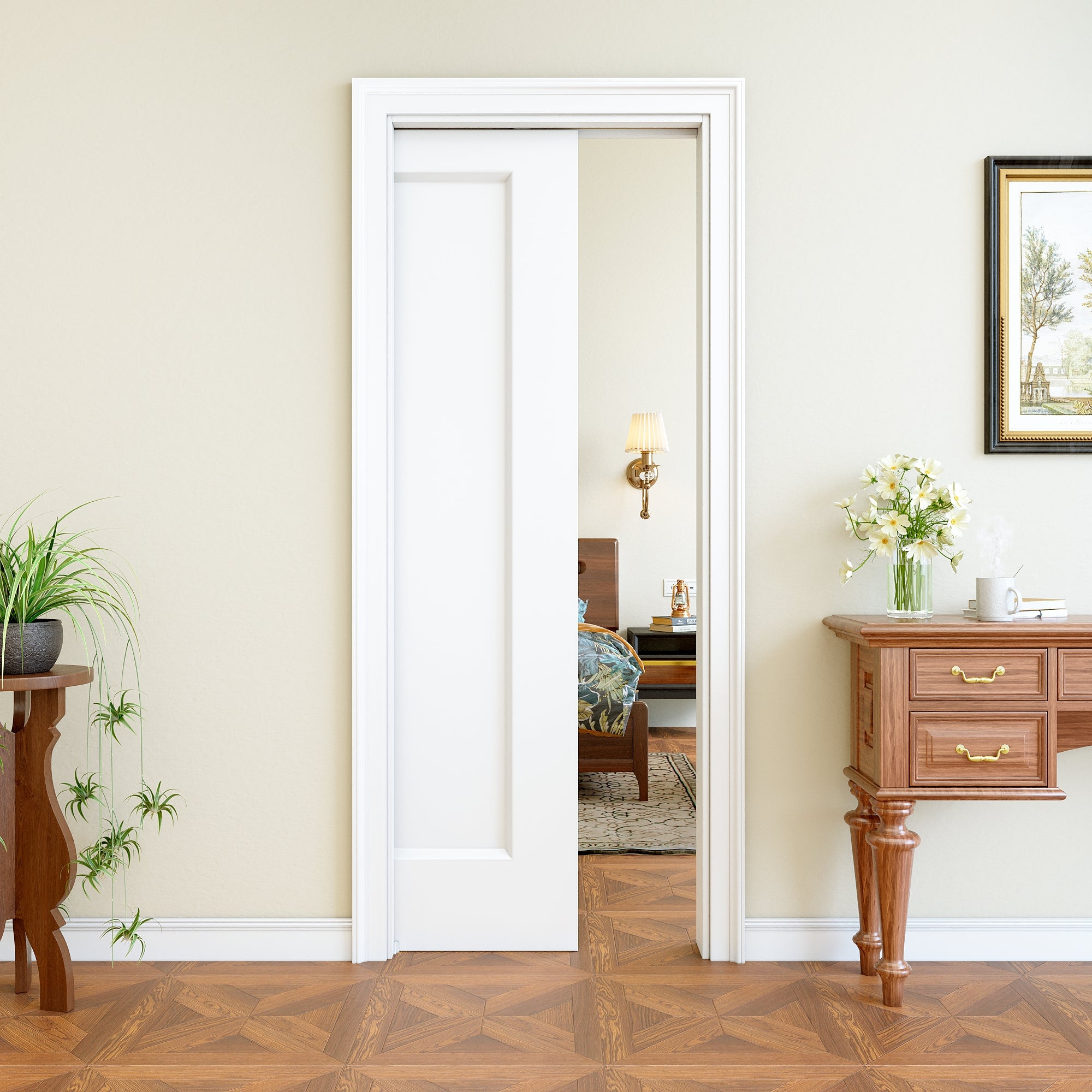 Ark Design 1 Panel Pocket Door with Hardware Kit & Soft Close & Frame, Hollow Core MDF Wood & Paint-grade Finished, White