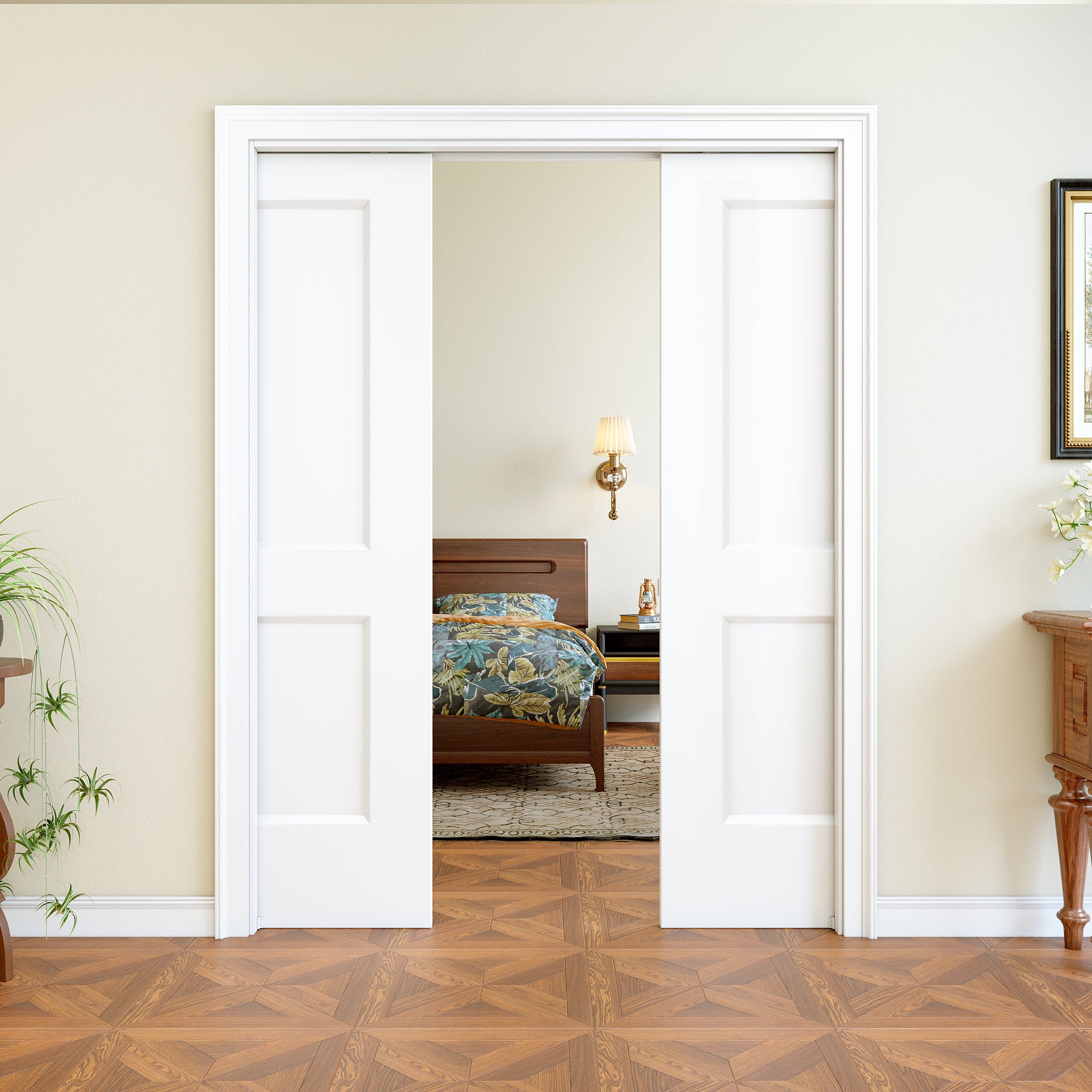 Ark Design 2 Panel Pocket Door with Hardware Kit & Soft Close & Frame, Hollow Core MDF Wood & Paint-grade Finished, White