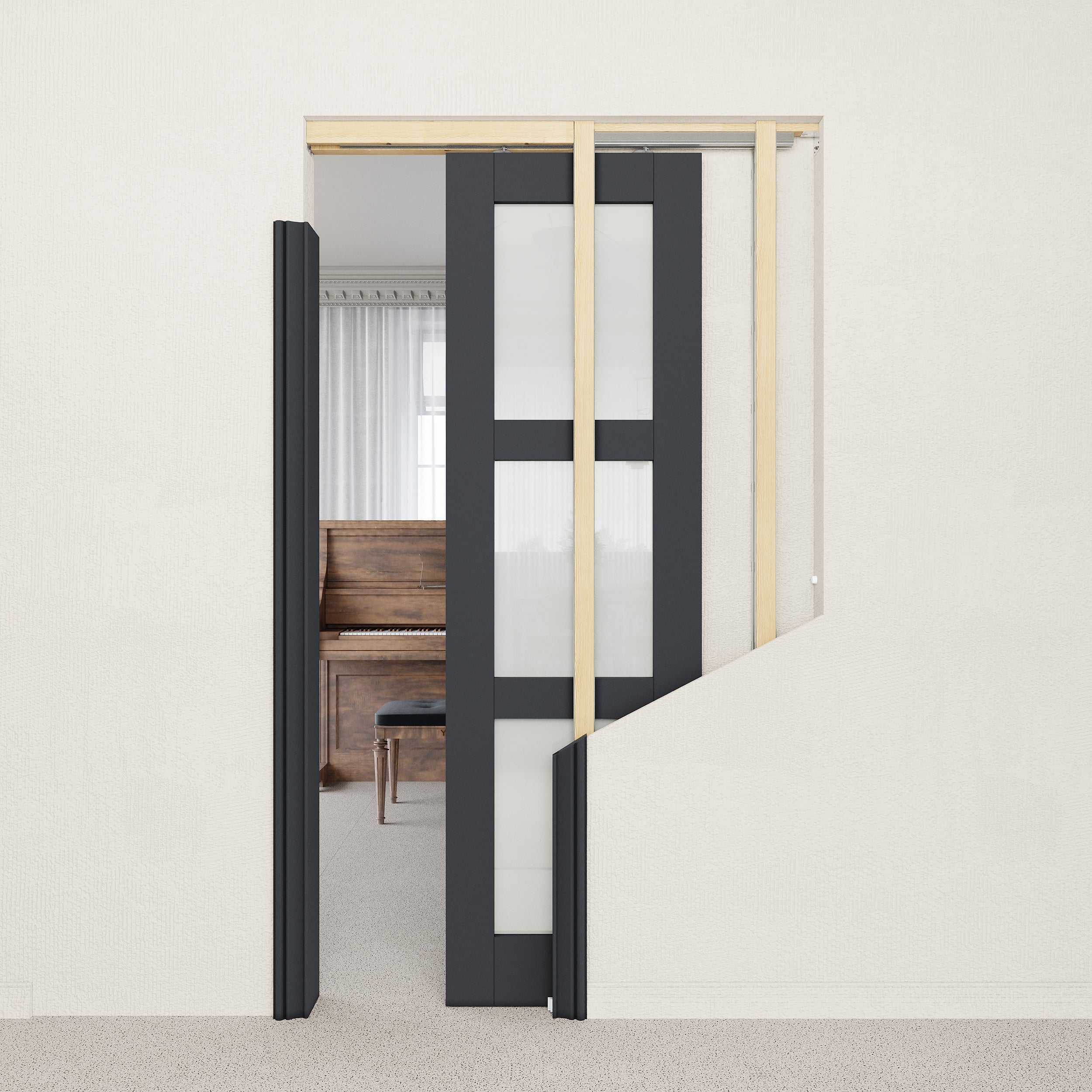 Ark Design 3-Lite Tempered Frosted Glass Pocket Door with Hardware Kit & Soft Close & Black Frame, Solid Core MDF Wood & Paint-grade Finished