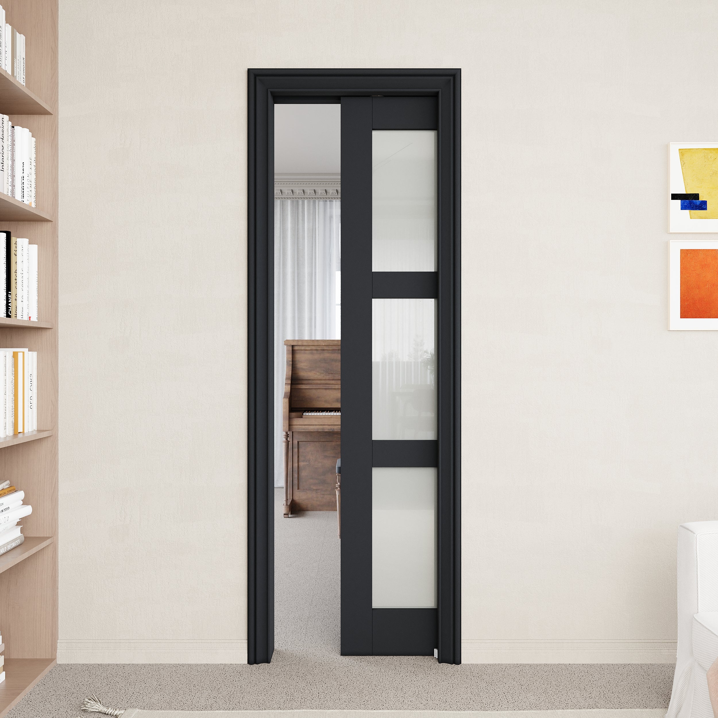Ark Design 3-Lite Tempered Frosted Glass Pocket Door with Hardware Kit & Soft Close & Black Frame, Solid Core MDF Wood & Paint-grade Finished