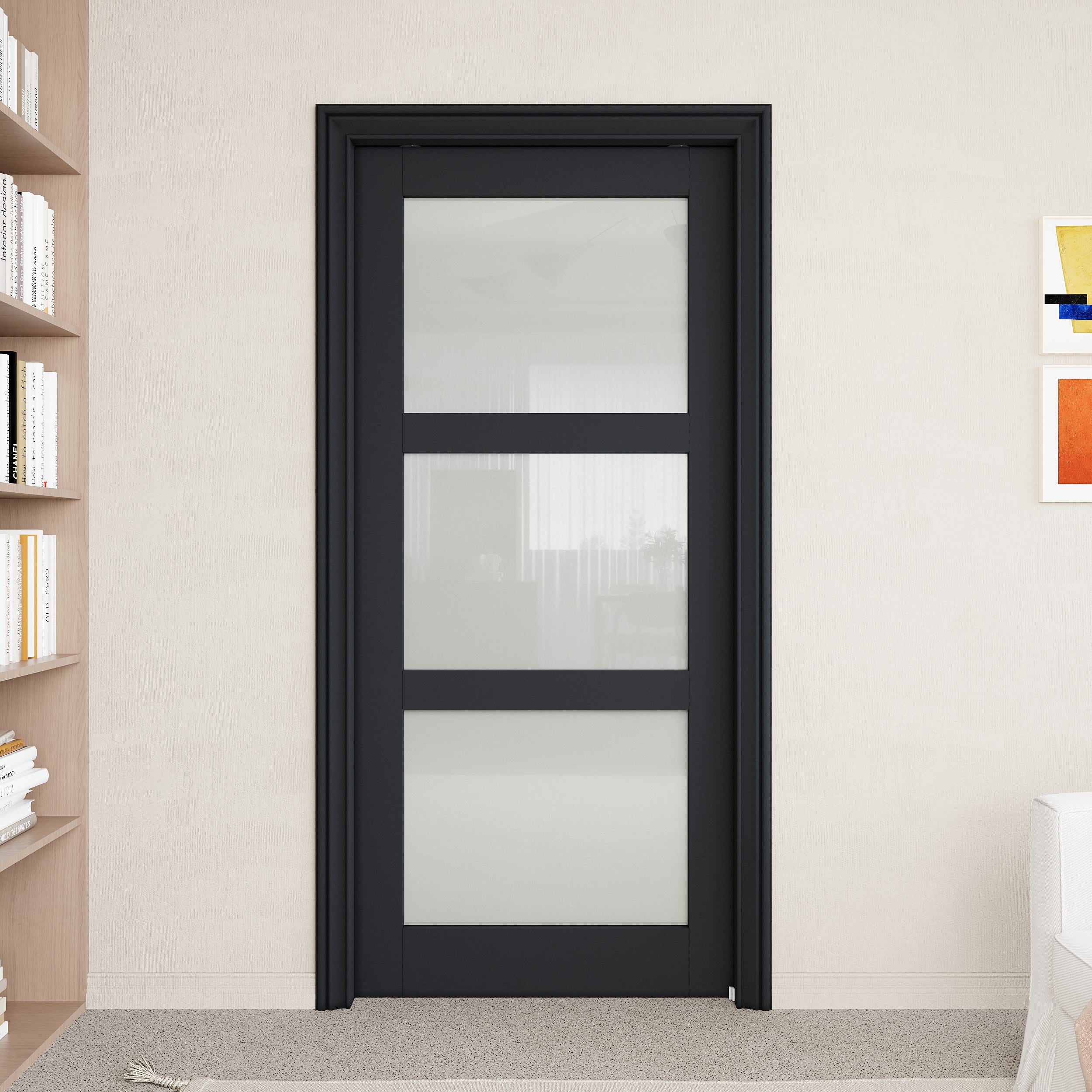 Ark Design 3-Lite Tempered Frosted Glass Pocket Door with Hardware Kit & Soft Close & Black Frame, Solid Core MDF Wood & Paint-grade Finished