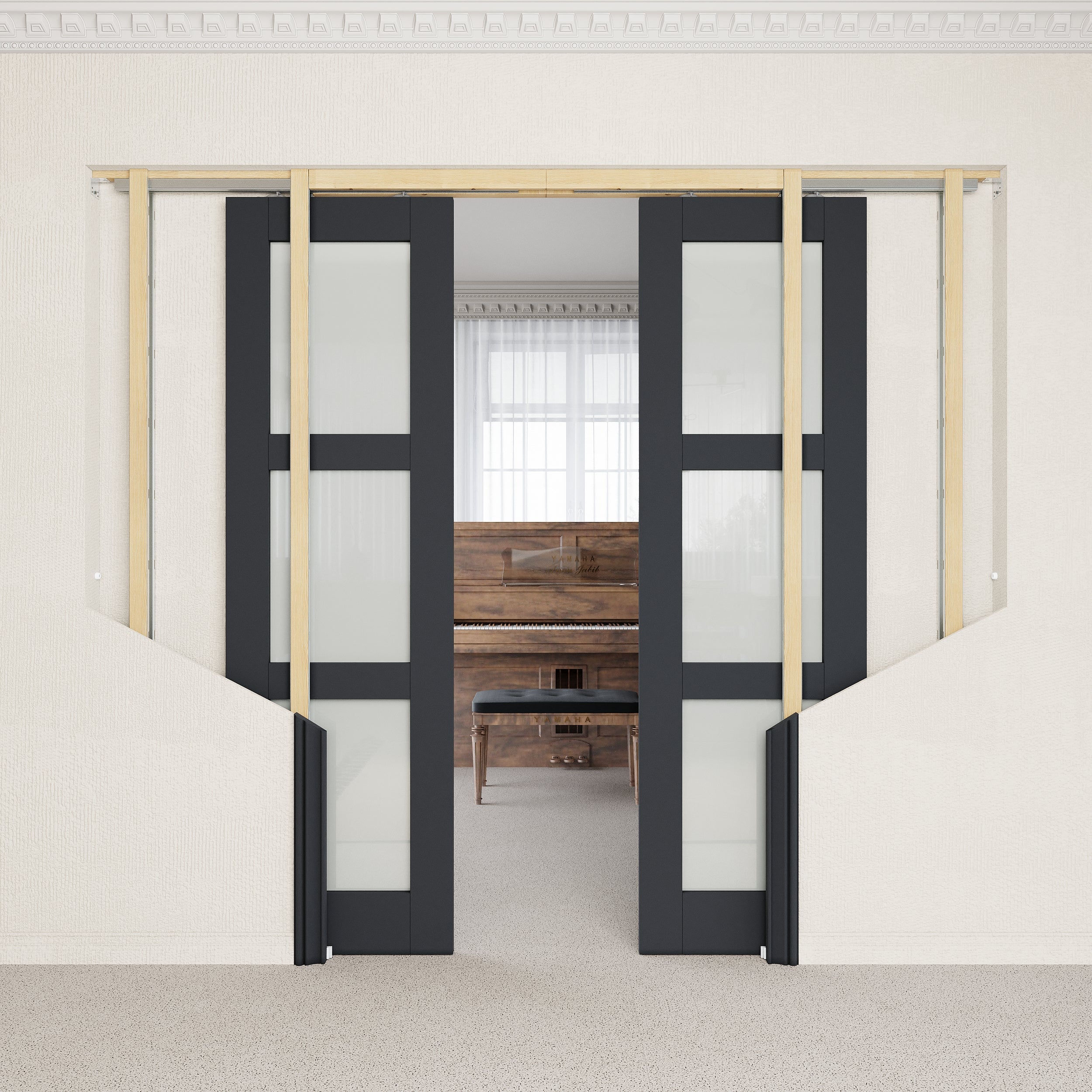 Ark Design 3-Lite Tempered Frosted Glass Pocket Door with Hardware Kit & Soft Close & Black Frame, Solid Core MDF Wood & Paint-grade Finished