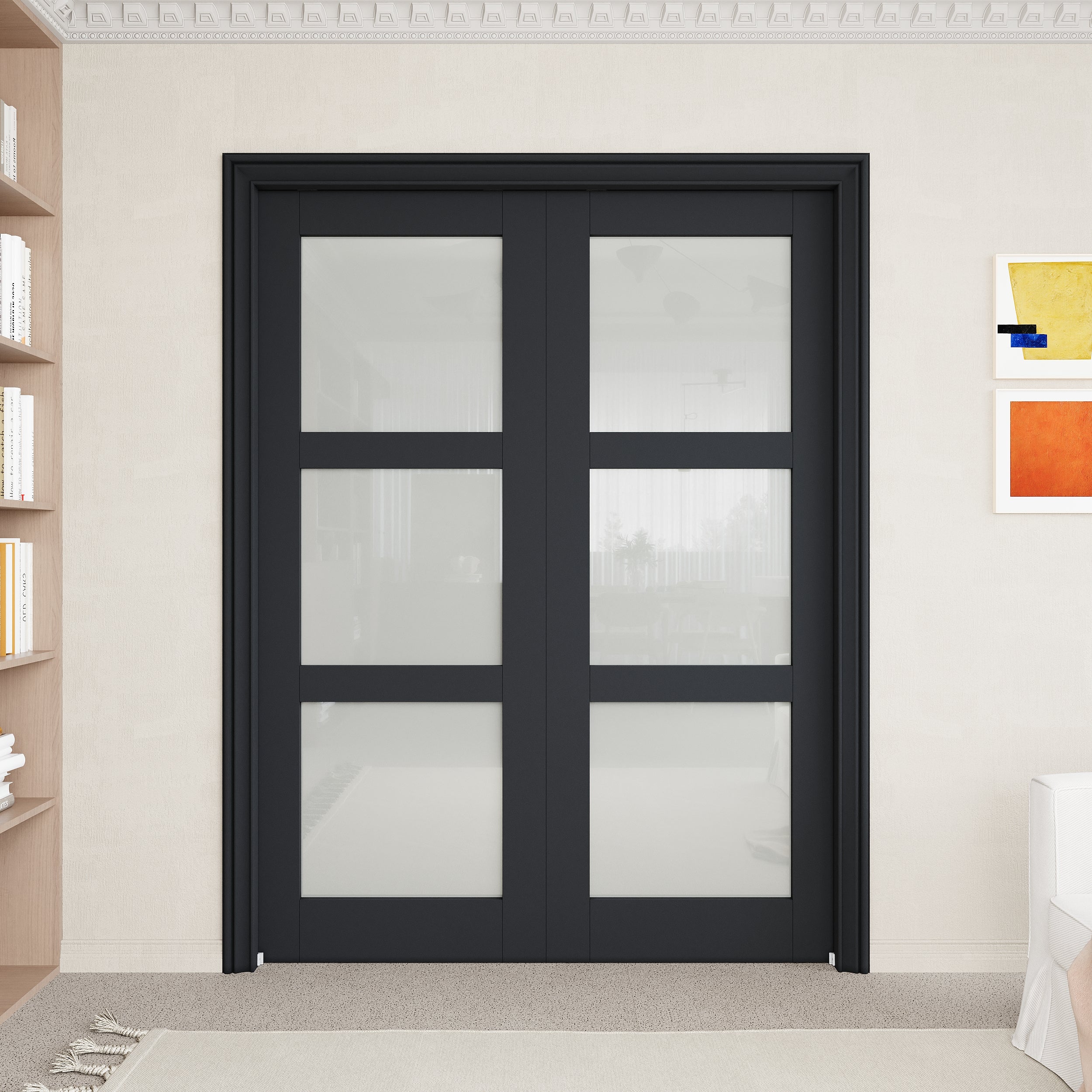 Ark Design 3-Lite Tempered Frosted Glass Pocket Door with Hardware Kit & Soft Close & Black Frame, Solid Core MDF Wood & Paint-grade Finished