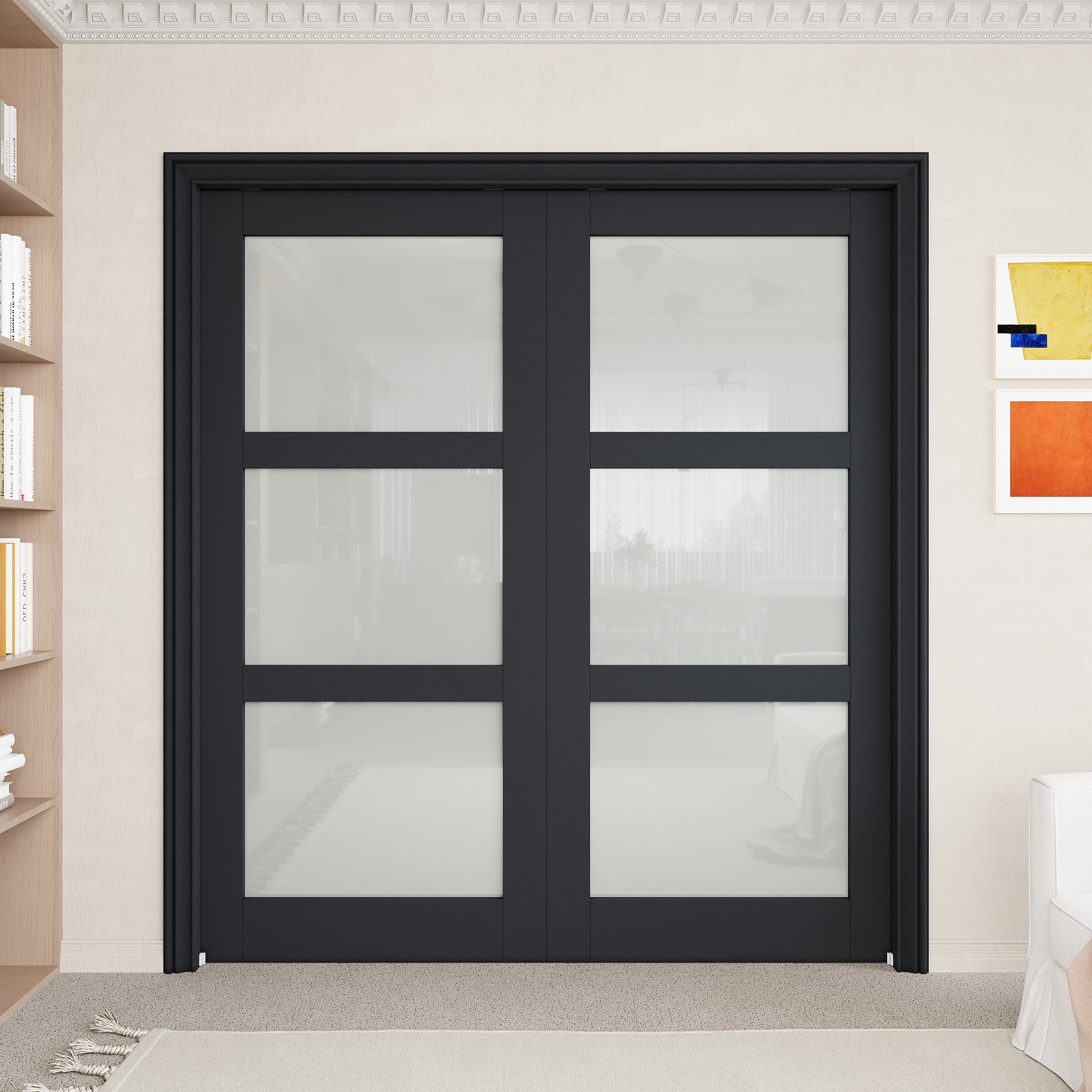 Ark Design 3-Lite Tempered Frosted Glass Pocket Door with Hardware Kit & Soft Close & Black Frame, Solid Core MDF Wood & Paint-grade Finished