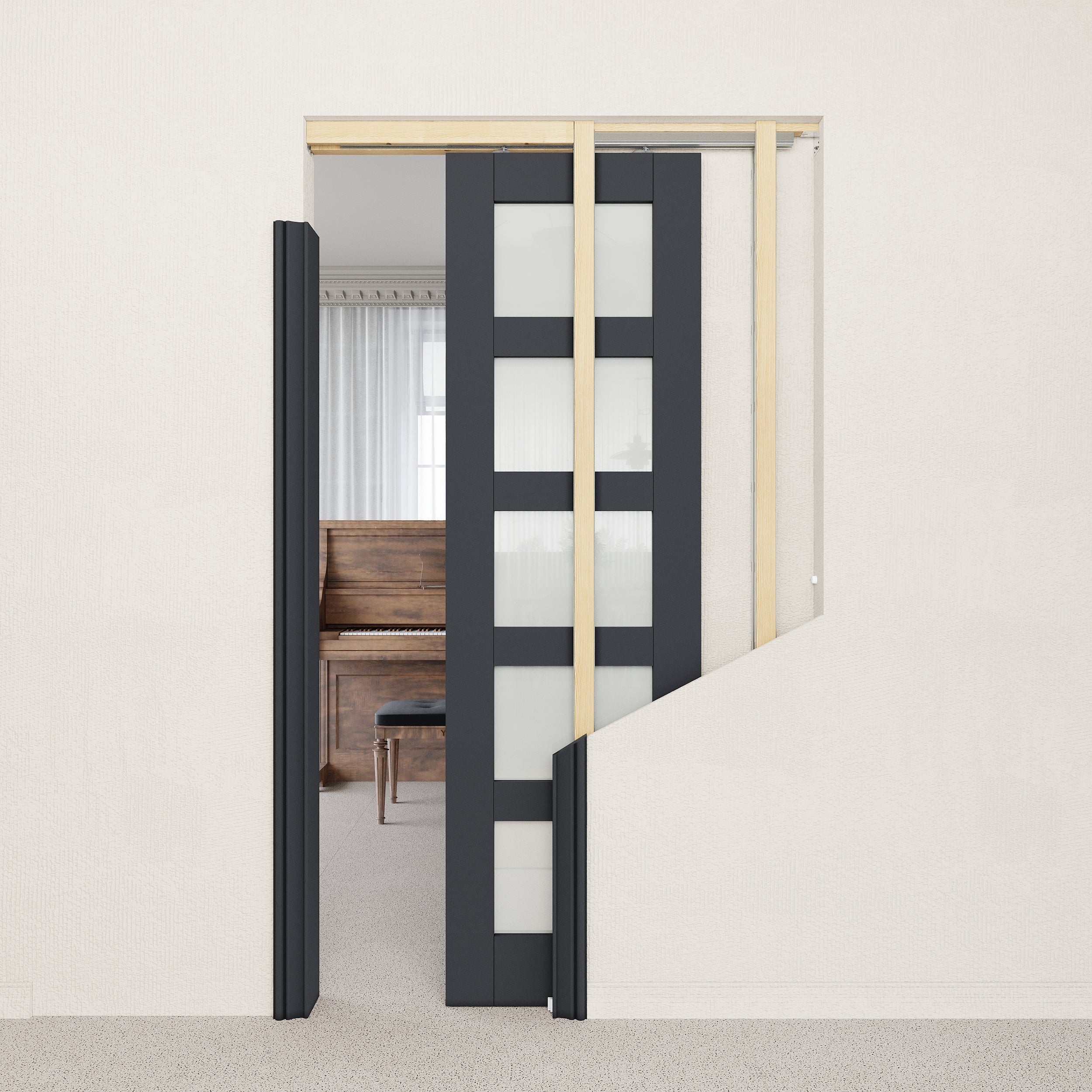 Ark Design 5-Lite Tempered Frosted Glass Pocket Door with Hardware Kit & Soft Close & Black Frame, Solid Core MDF Wood & Paint-grade Finished