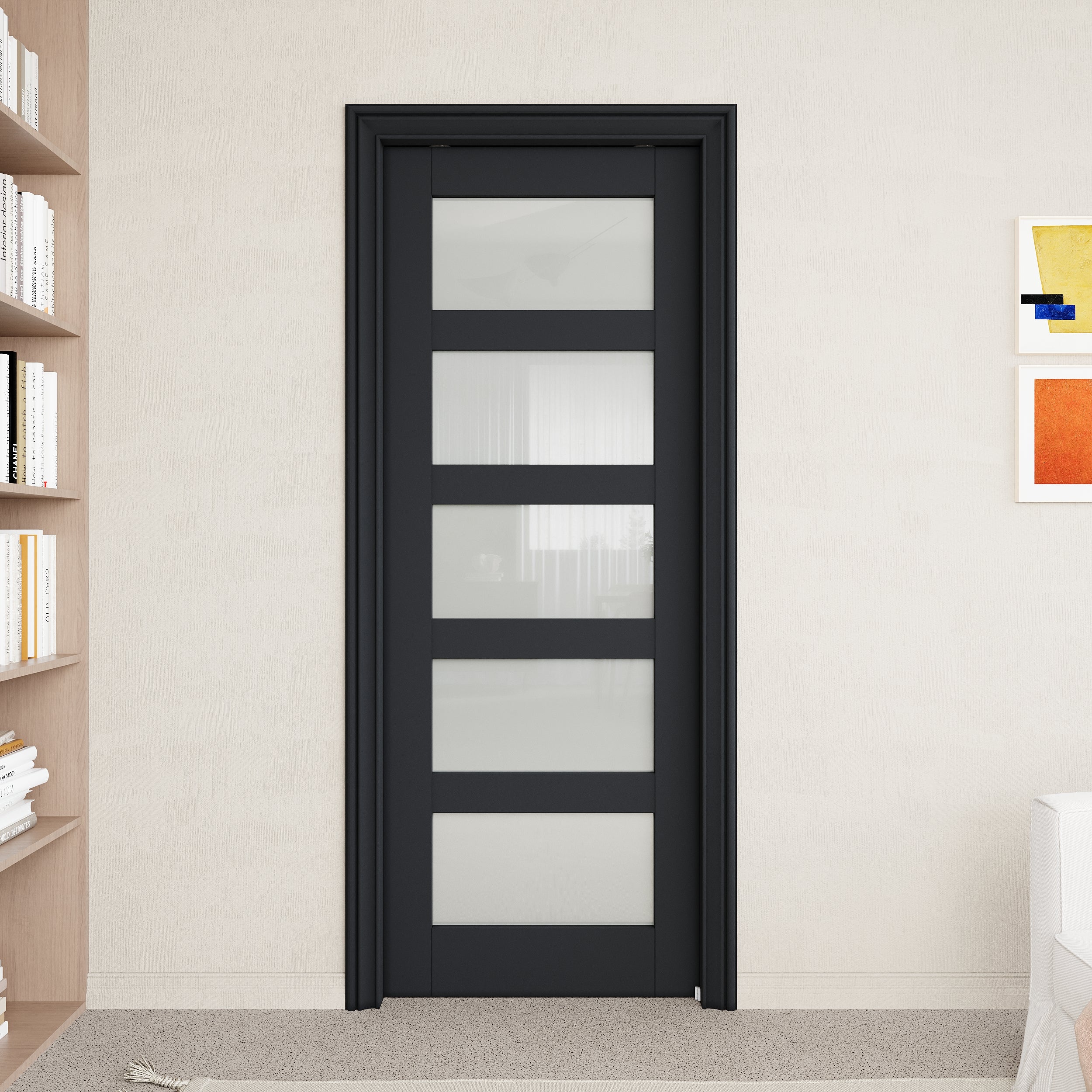 Ark Design 5-Lite Tempered Frosted Glass Pocket Door with Hardware Kit & Soft Close & Black Frame, Solid Core MDF Wood & Paint-grade Finished