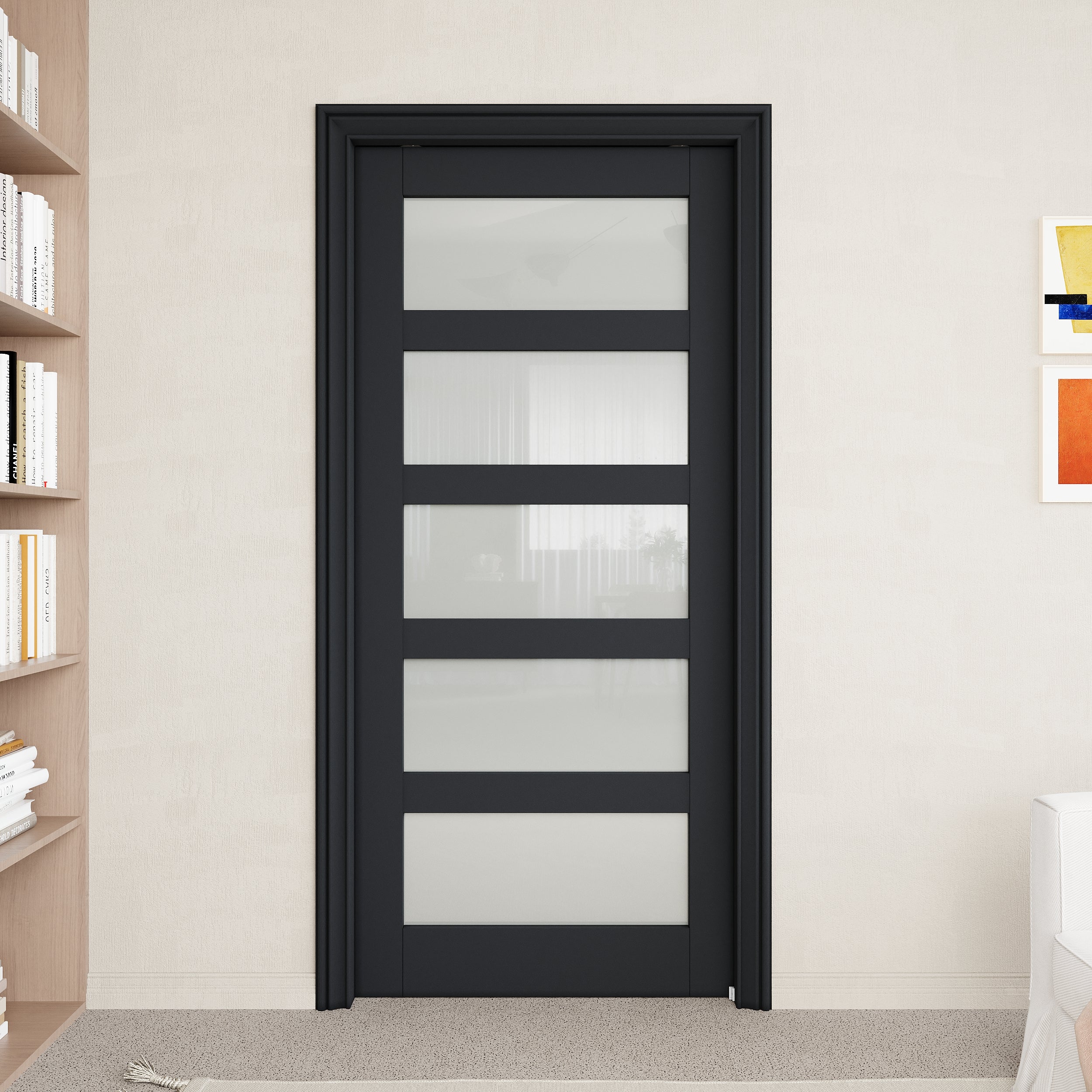 Ark Design 5-Lite Tempered Frosted Glass Pocket Door with Hardware Kit & Soft Close & Black Frame, Solid Core MDF Wood & Paint-grade Finished