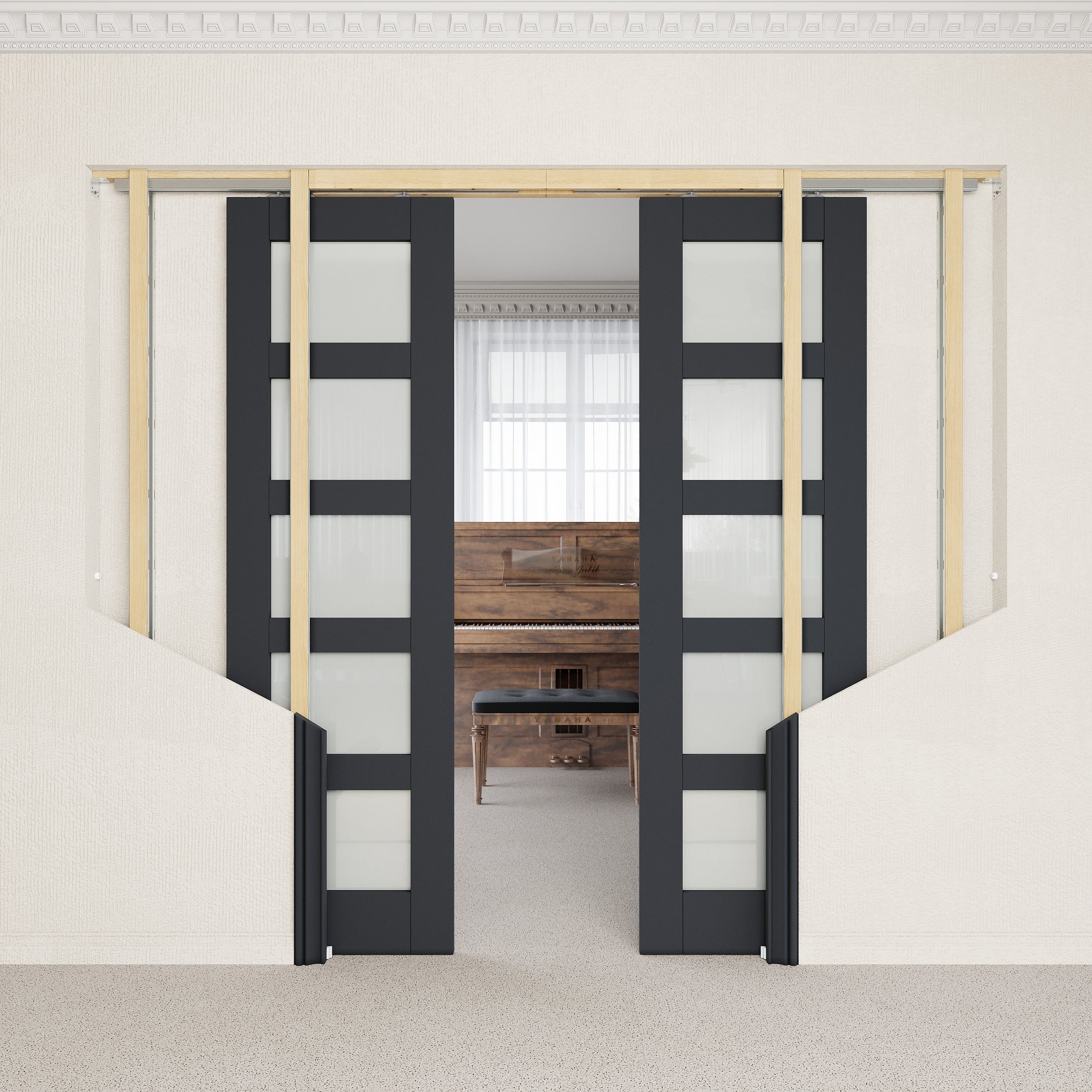 Ark Design 5-Lite Tempered Frosted Glass Pocket Door with Hardware Kit & Soft Close & Black Frame, Solid Core MDF Wood & Paint-grade Finished