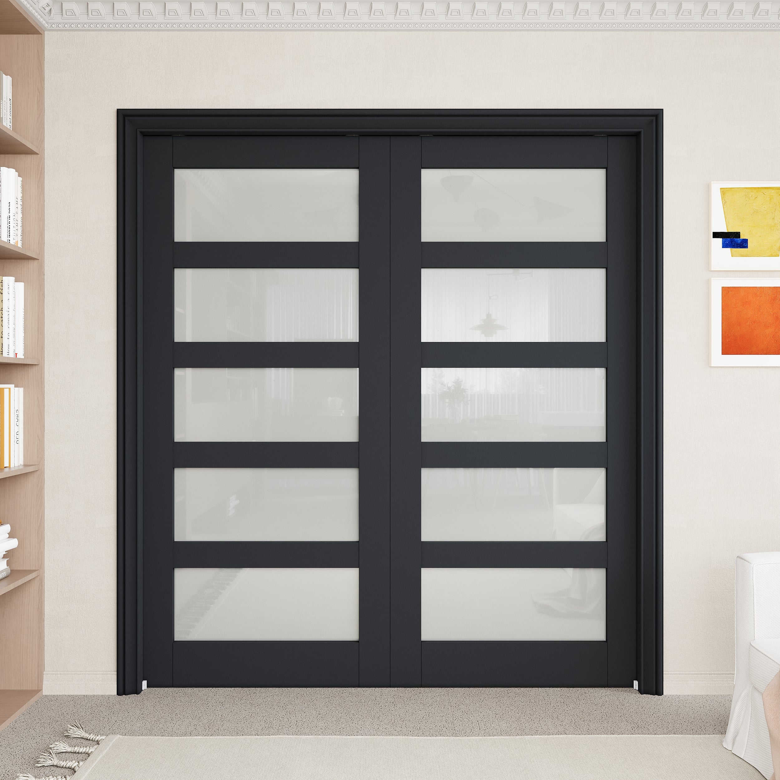Ark Design 5-Lite Tempered Frosted Glass Pocket Door with Hardware Kit & Soft Close & Black Frame, Solid Core MDF Wood & Paint-grade Finished