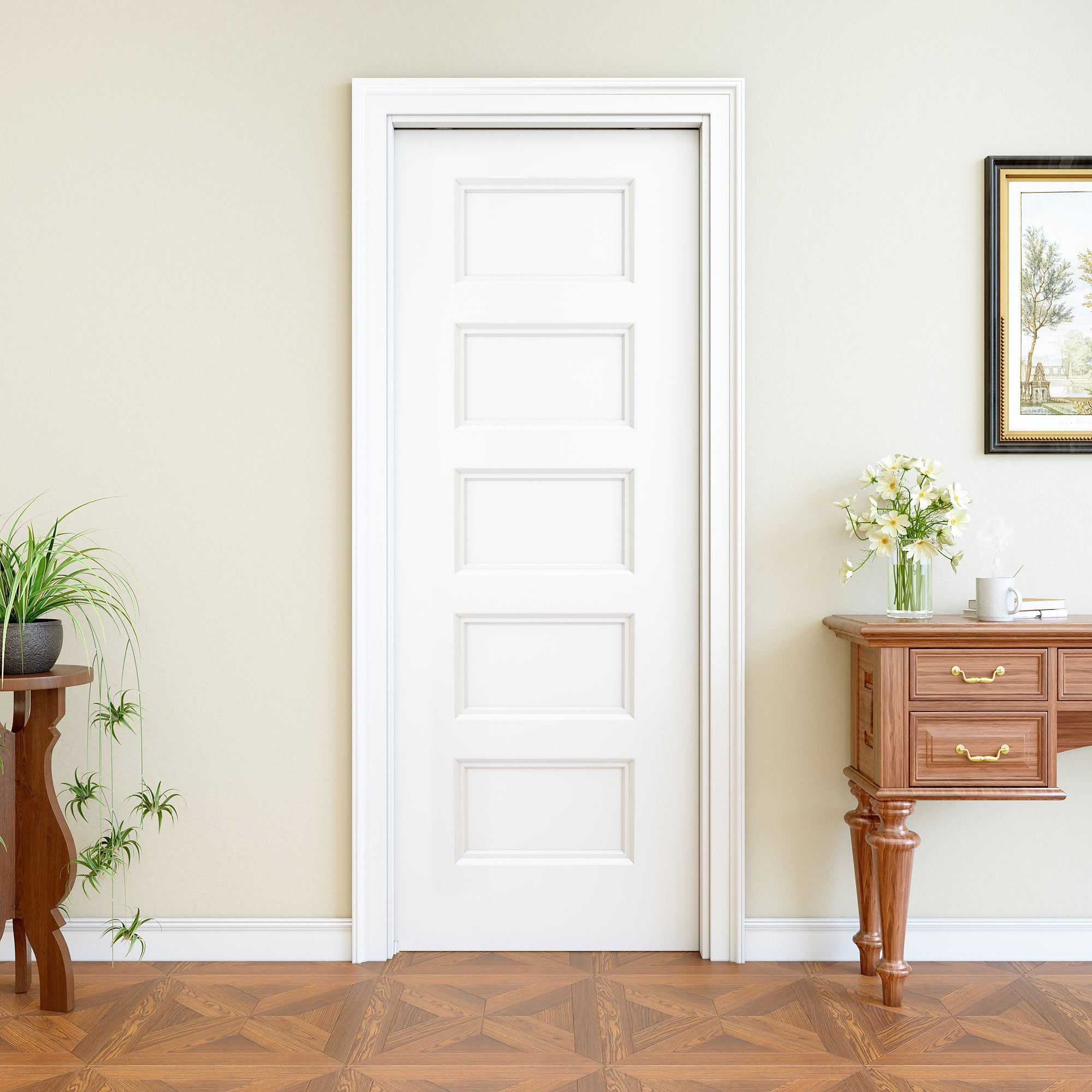 Ark Design 5 Panel Pocket Door with Hardware Kit & Soft Close & Frame, Hollow Core MDF Wood & Paint-grade Finished, White