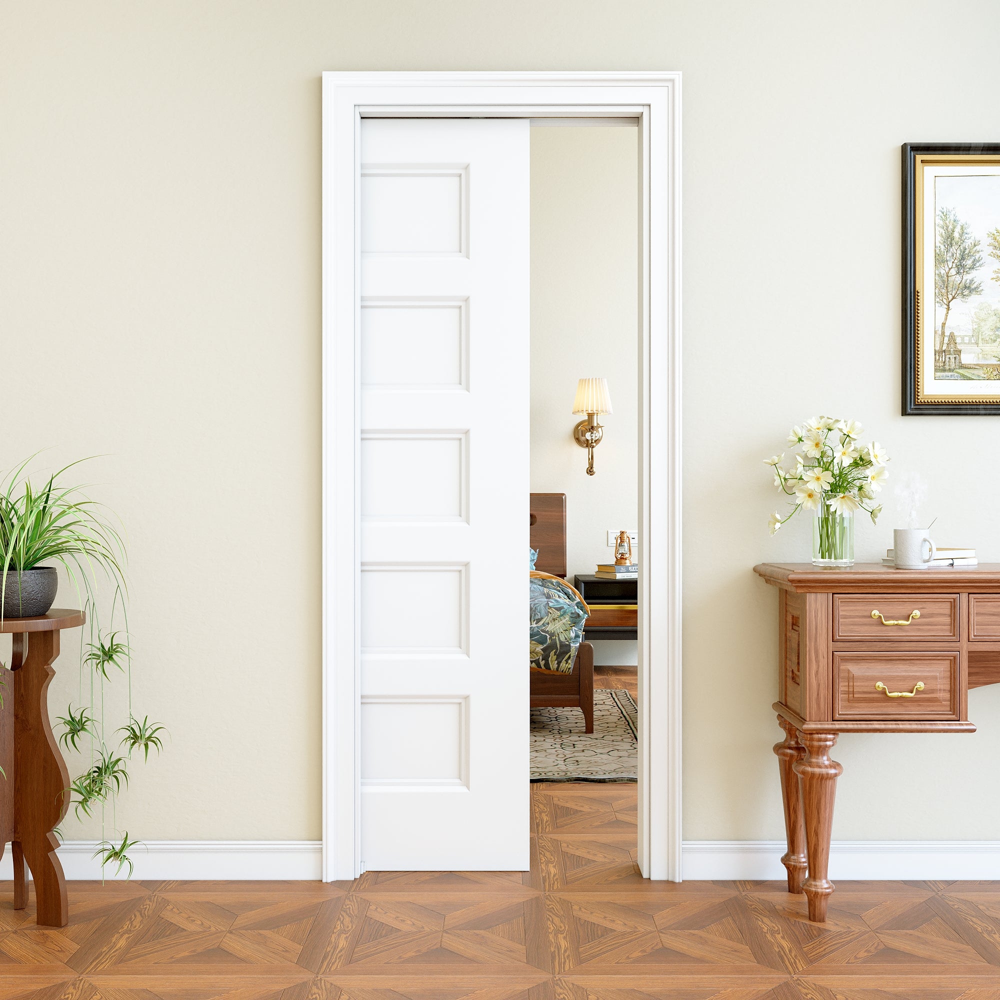 Ark Design 5 Panel Pocket Door with Hardware Kit & Soft Close & Frame, Hollow Core MDF Wood & Paint-grade Finished, White