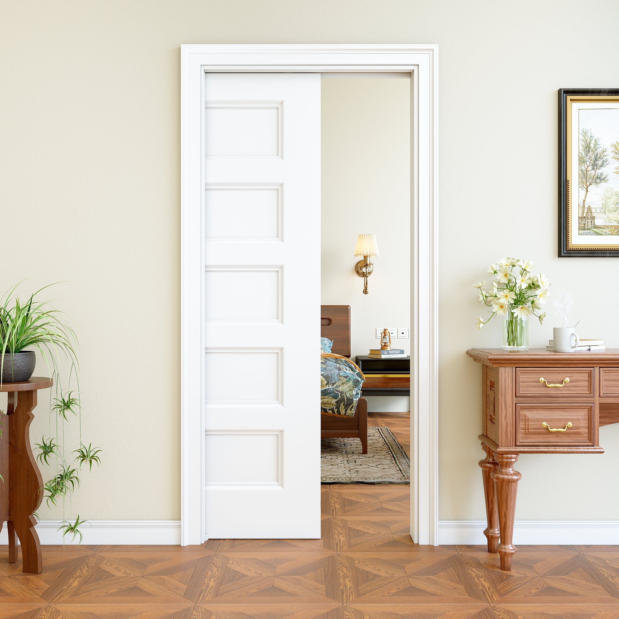 Ark Design 5 Panel Pocket Door with Hardware Kit & Soft Close & Frame, Hollow Core MDF Wood & Paint-grade Finished, White