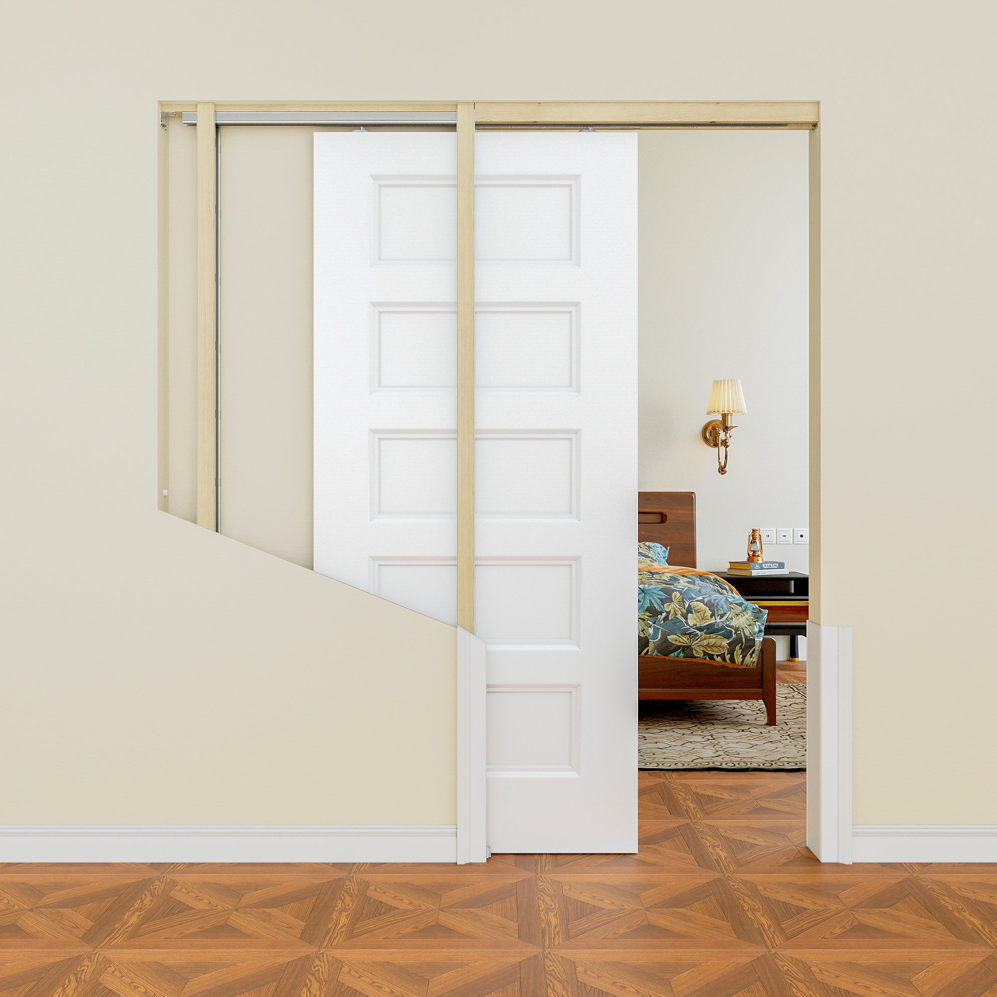 Ark Design 5 Panel Pocket Door with Hardware Kit & Soft Close & Frame, Hollow Core MDF Wood & Paint-grade Finished, White