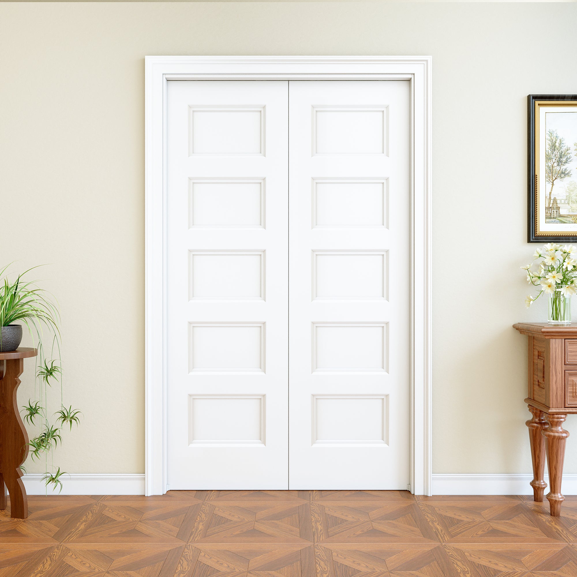 Ark Design 5 Panel Pocket Door with Hardware Kit & Soft Close & Frame, Hollow Core MDF Wood & Paint-grade Finished, White