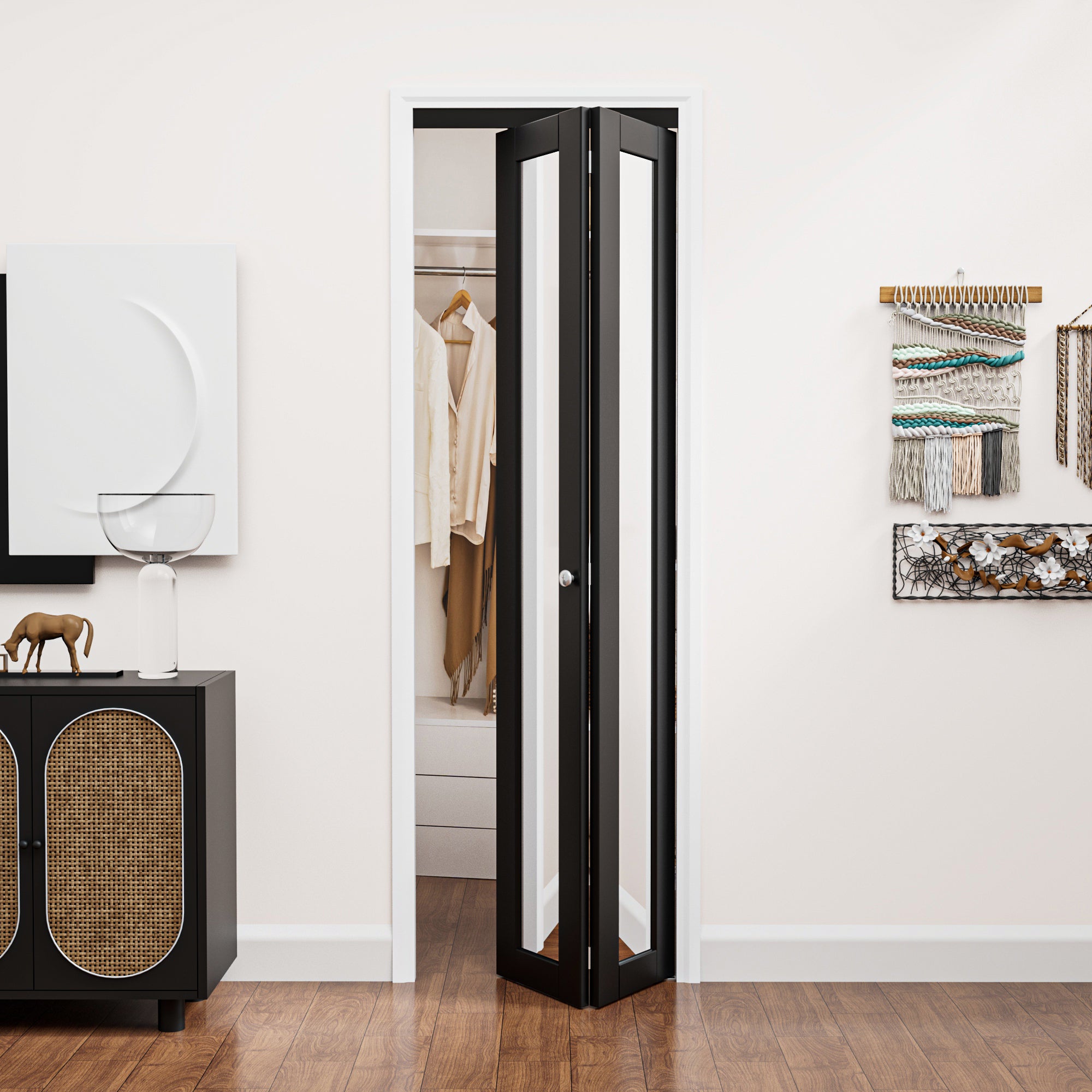 Ark Design 1-Lite Black Mirror Bifold Door with Hardware Kit & Knob, Solid Core MDF Wood & PVC Covered Finished