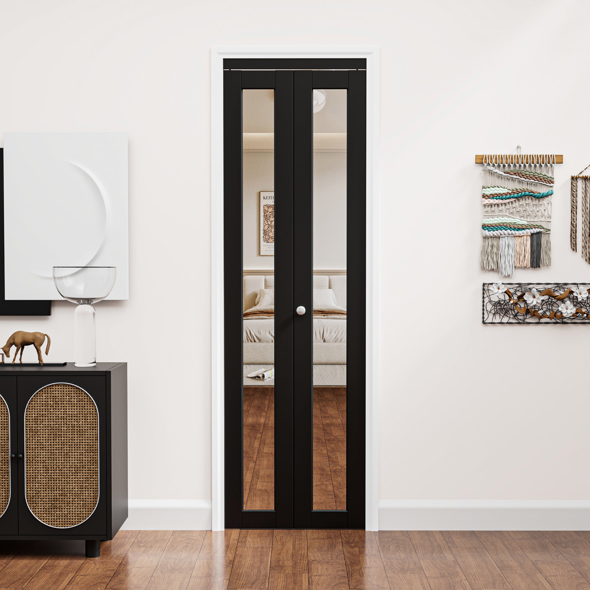 Ark Design 1-Lite Black Mirror Bifold Door with Hardware Kit & Knob, Solid Core MDF Wood & PVC Covered Finished