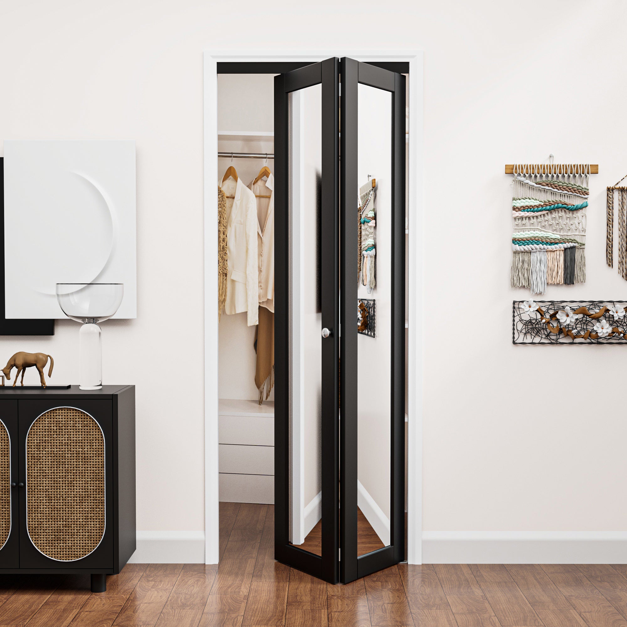 Ark Design 1-Lite Black Mirror Bifold Door with Hardware Kit & Knob, Solid Core MDF Wood & PVC Covered Finished