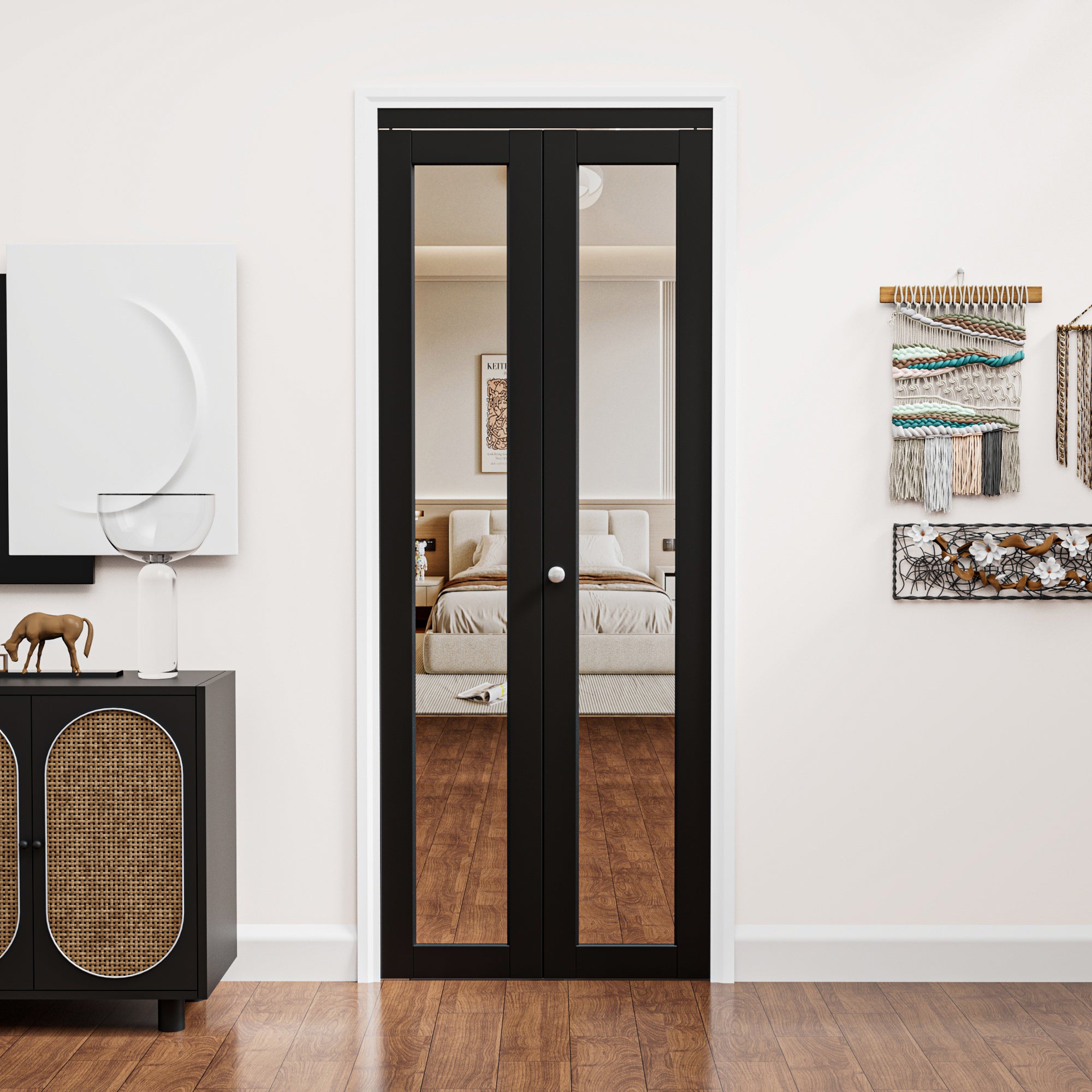 Ark Design 1-Lite Black Mirror Bifold Door with Hardware Kit & Knob, Solid Core MDF Wood & PVC Covered Finished