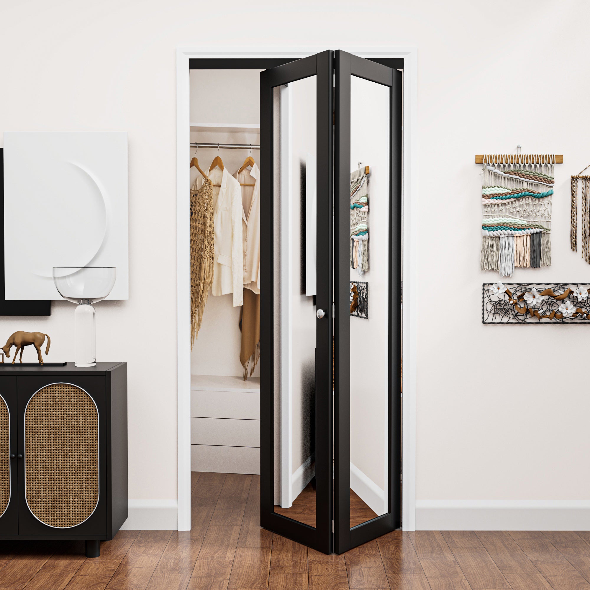 Ark Design 1-Lite Black Mirror Bifold Door with Hardware Kit & Knob, Solid Core MDF Wood & PVC Covered Finished
