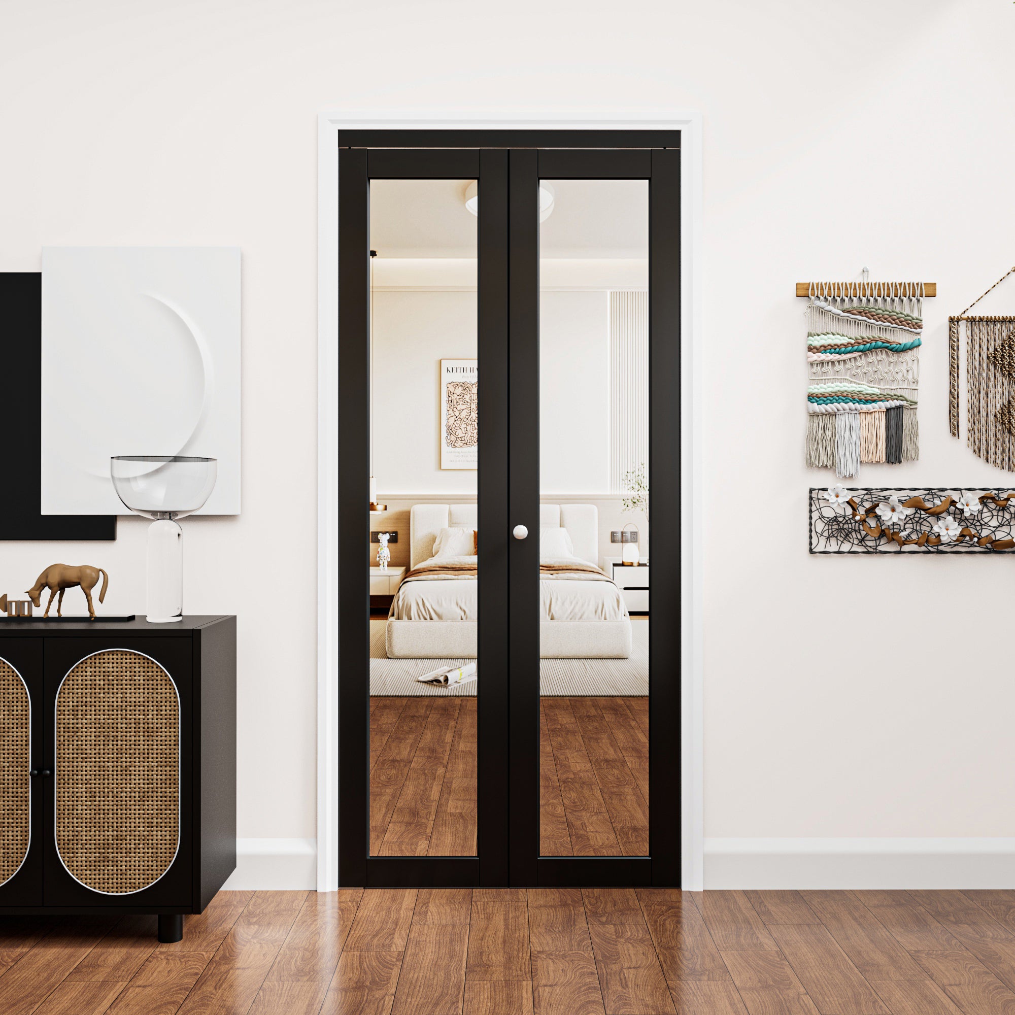 Ark Design 1-Lite Black Mirror Bifold Door with Hardware Kit & Knob, Solid Core MDF Wood & PVC Covered Finished