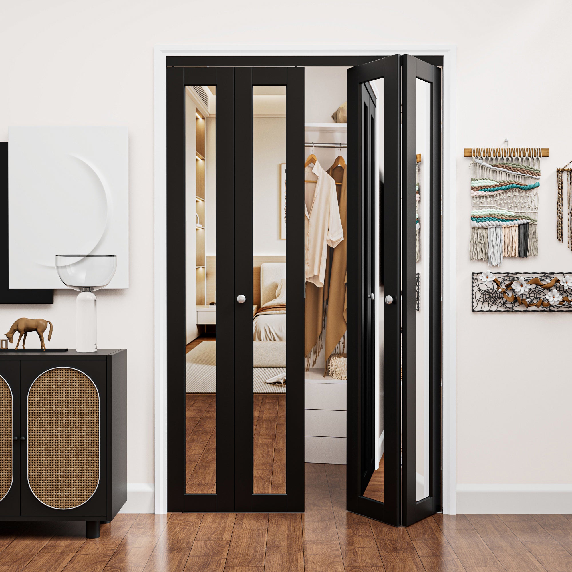 Ark Design 1-Lite Black Mirror Bifold Door with Hardware Kit & Knob, Solid Core MDF Wood & PVC Covered Finished