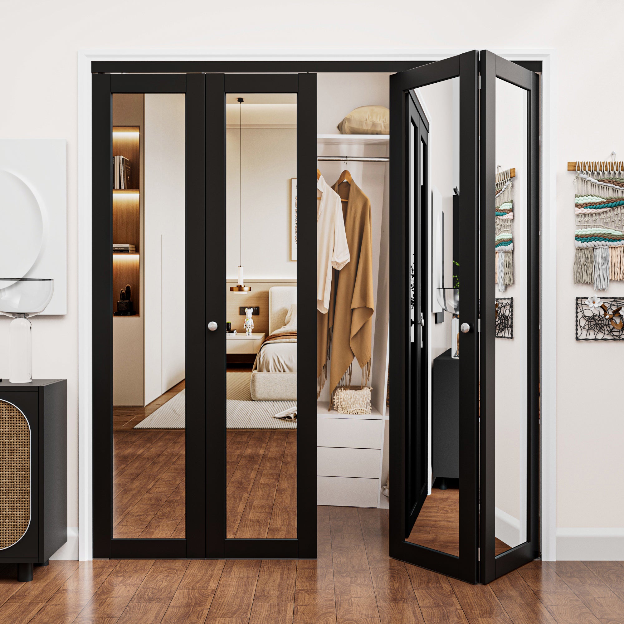 Ark Design 1-Lite Black Mirror Bifold Door with Hardware Kit & Knob, Solid Core MDF Wood & PVC Covered Finished