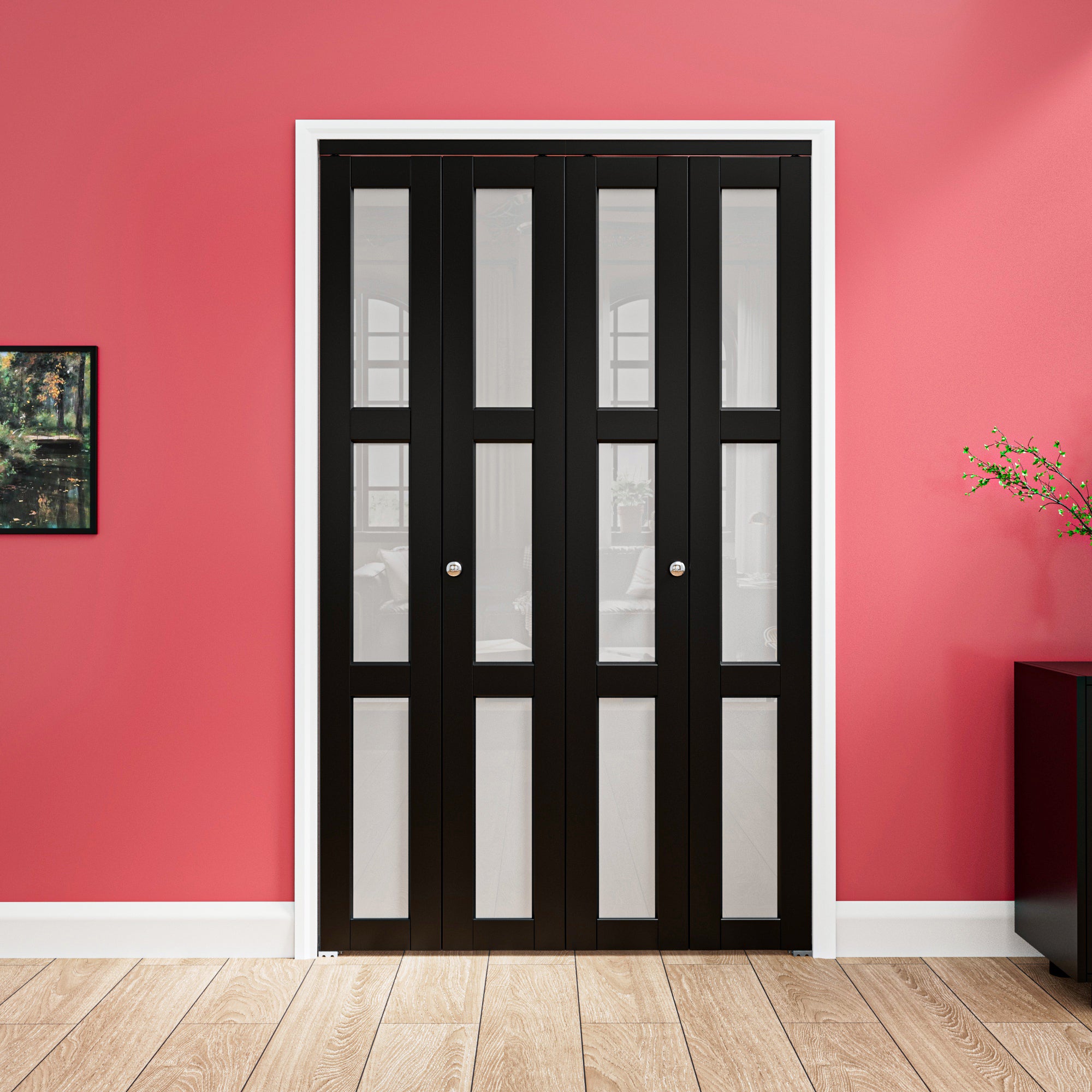 Ark Design 3-Lite Black Tempered Frosted Glass Bifold Door with Hardware Kit & Knob, Solid Core MDF Wood & PVC Covered Finished
