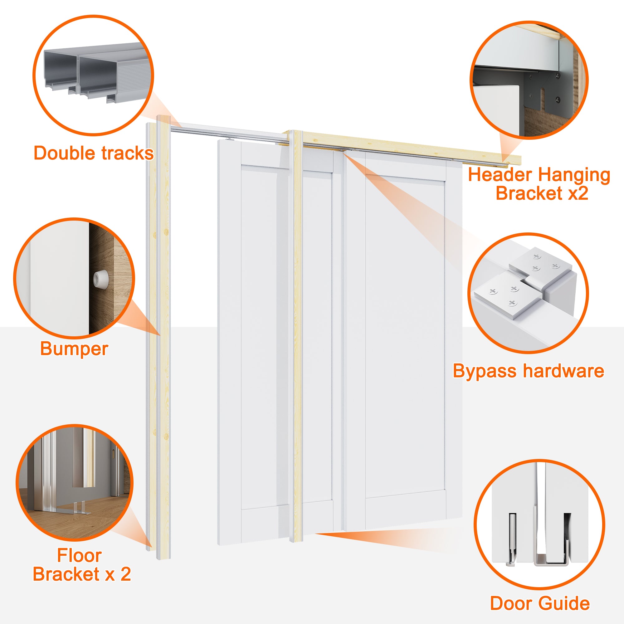 Ark Design 6 Lite Frosted Glass Double Bypass Pocket Door with Hardware Kit & Soft Close & Frame, Solid Core MDF Wood & Paint-grade Finished, White