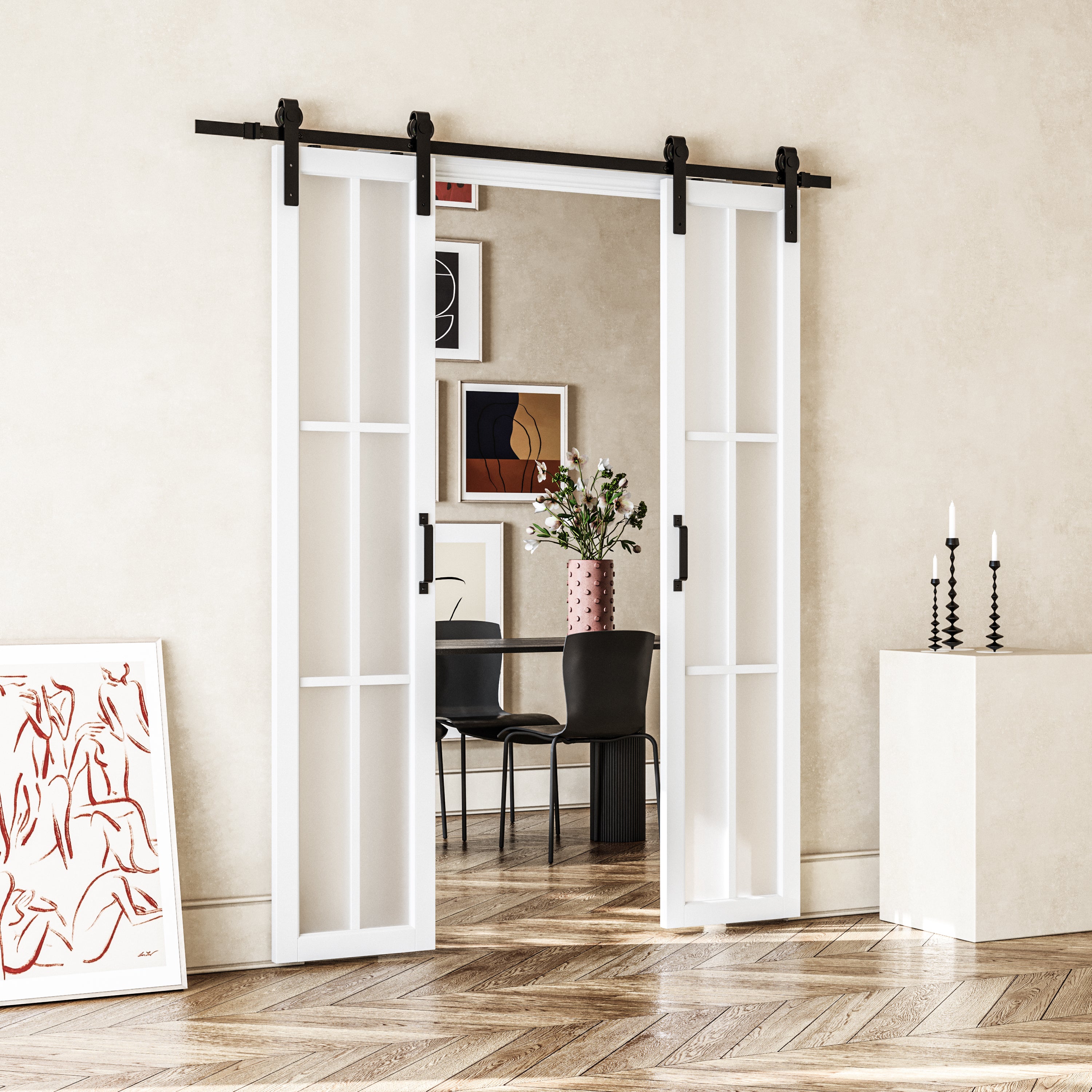 Ark Design Double Sliding Barn Door, 6-Lite Tempered Frosted Glass, Solid Core MDF Wood & PVC Covered Finished, with Hardware Kit & Handle & Floor Guide, White
