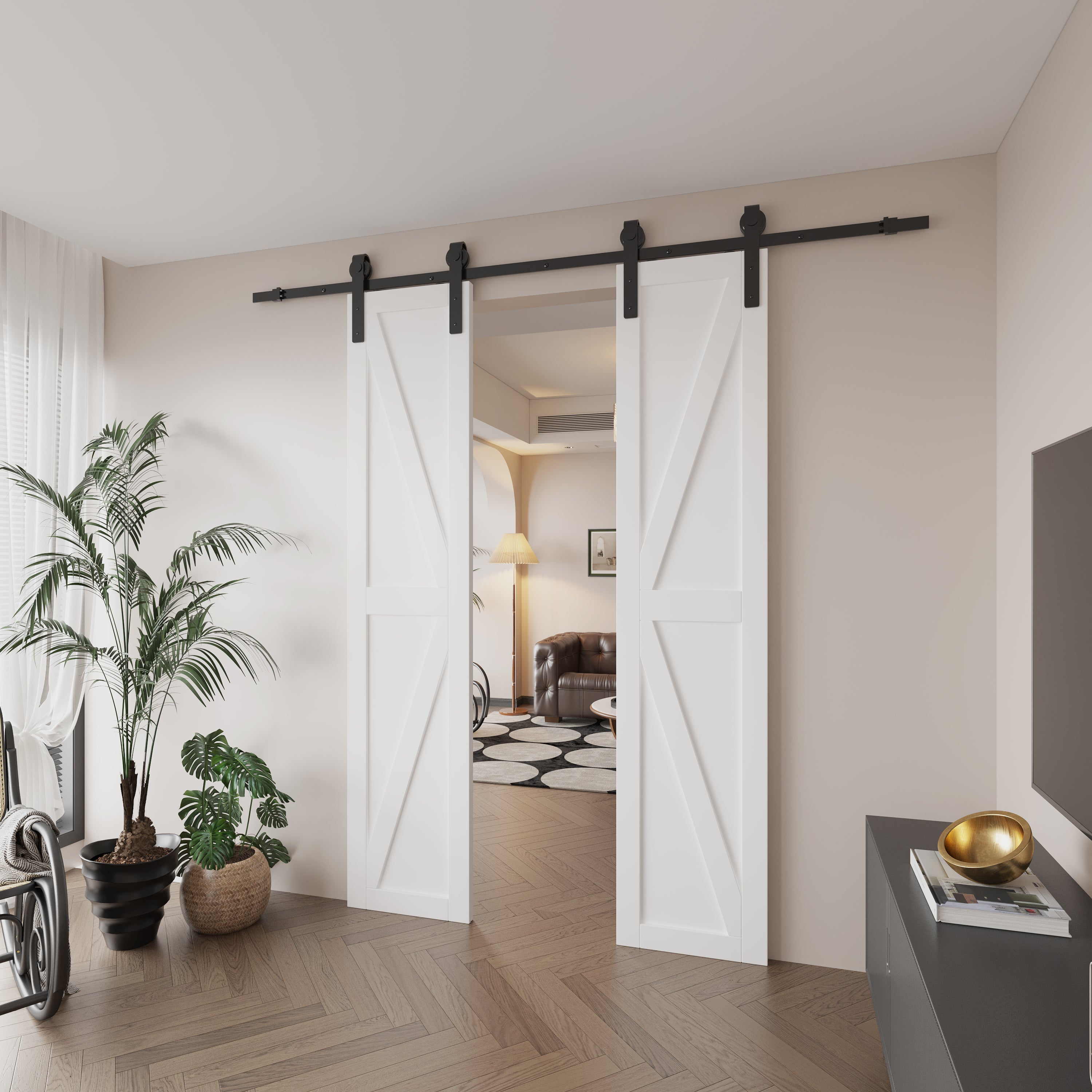 Double Sliding Barn Door, K design Panel, Solid Core MDF Wood & PVC Covered Finished, with Hardware Kit & Handle & Floor Guide, White