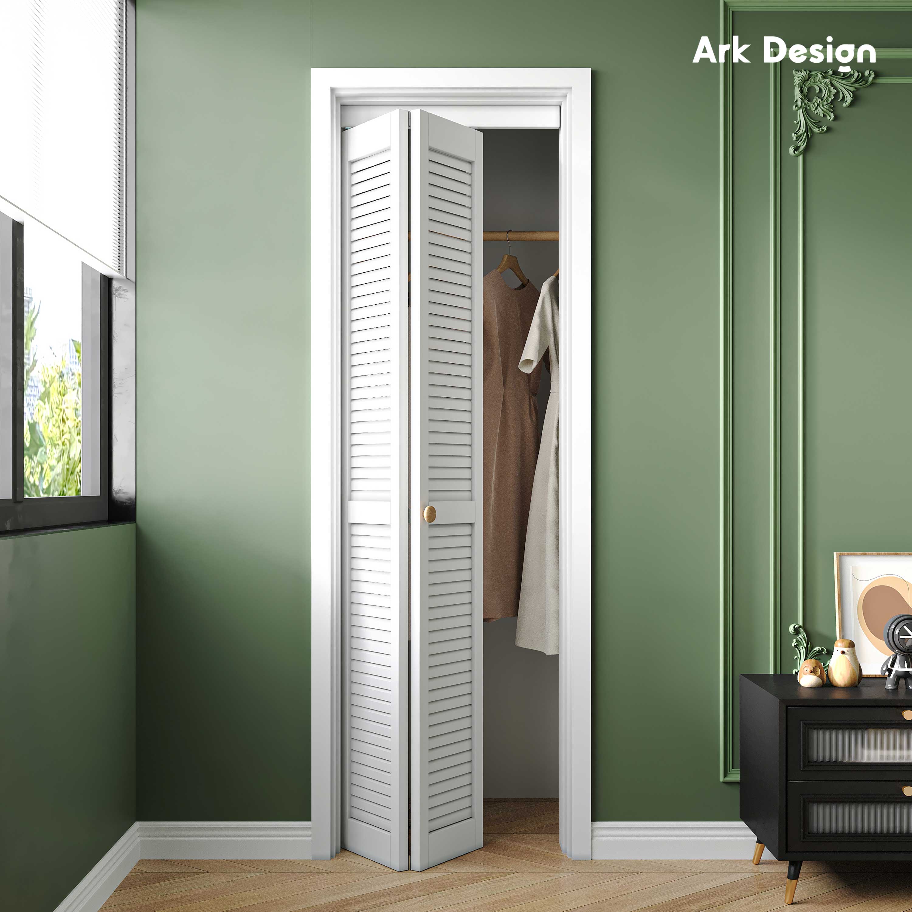Ark Design Louvered Closet Bifold Door with Hardware Kit & Knob, Solid Core MDF Wood & PVC Covered Finished, White