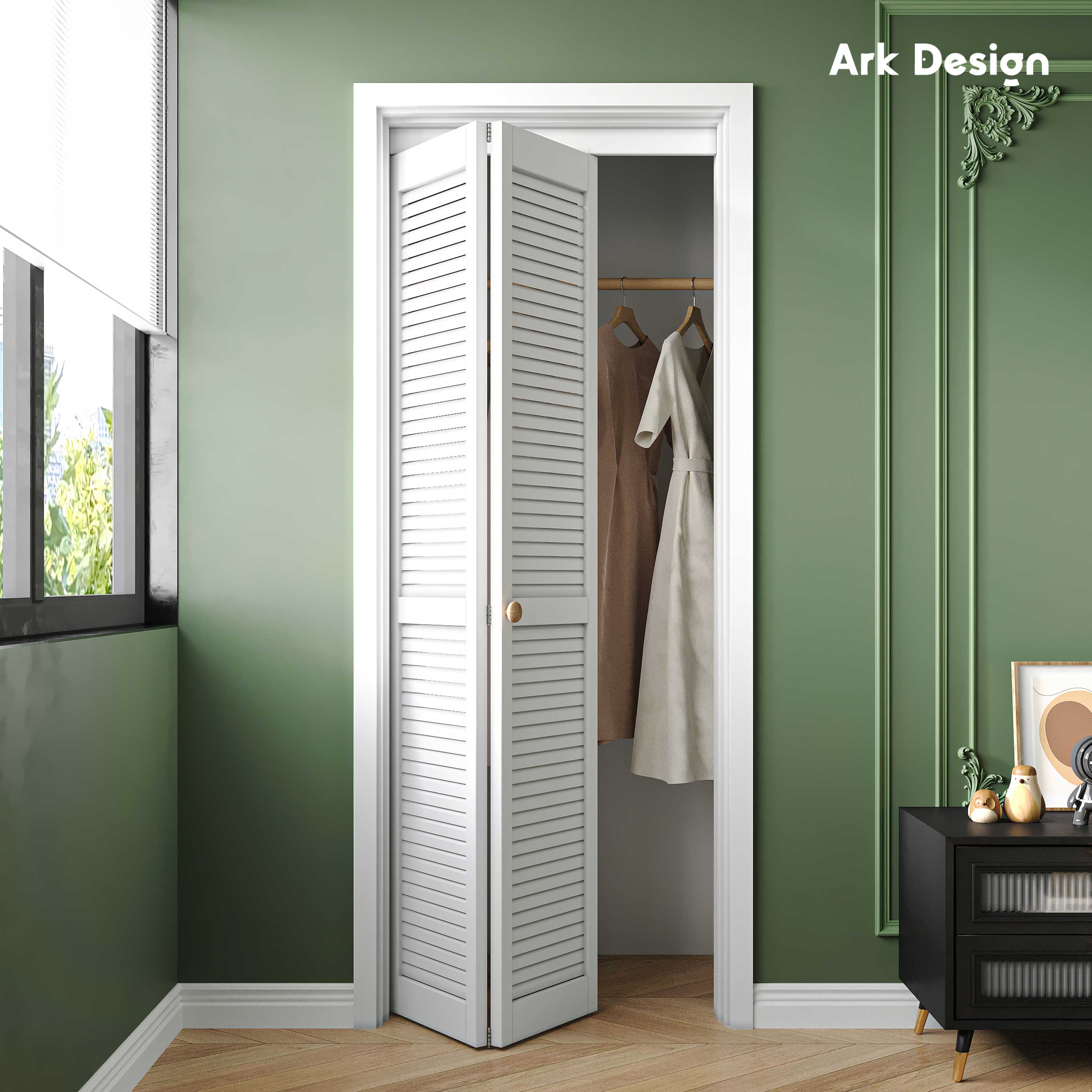 Ark Design Louvered Closet Bifold Door with Hardware Kit & Knob, Solid Core MDF Wood & PVC Covered Finished, White