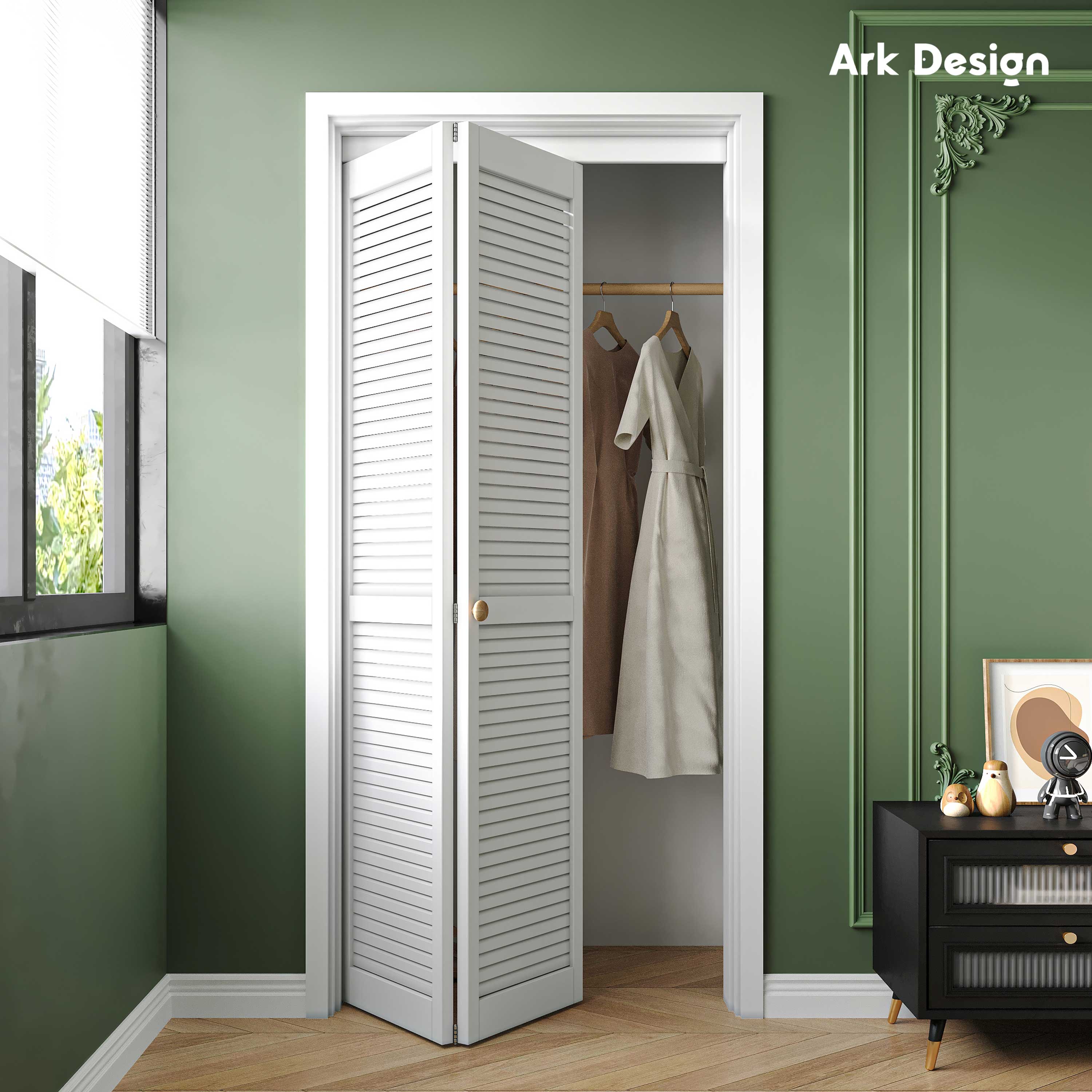 Ark Design Louvered Closet Bifold Door with Hardware Kit & Knob, Solid Core MDF Wood & PVC Covered Finished, White