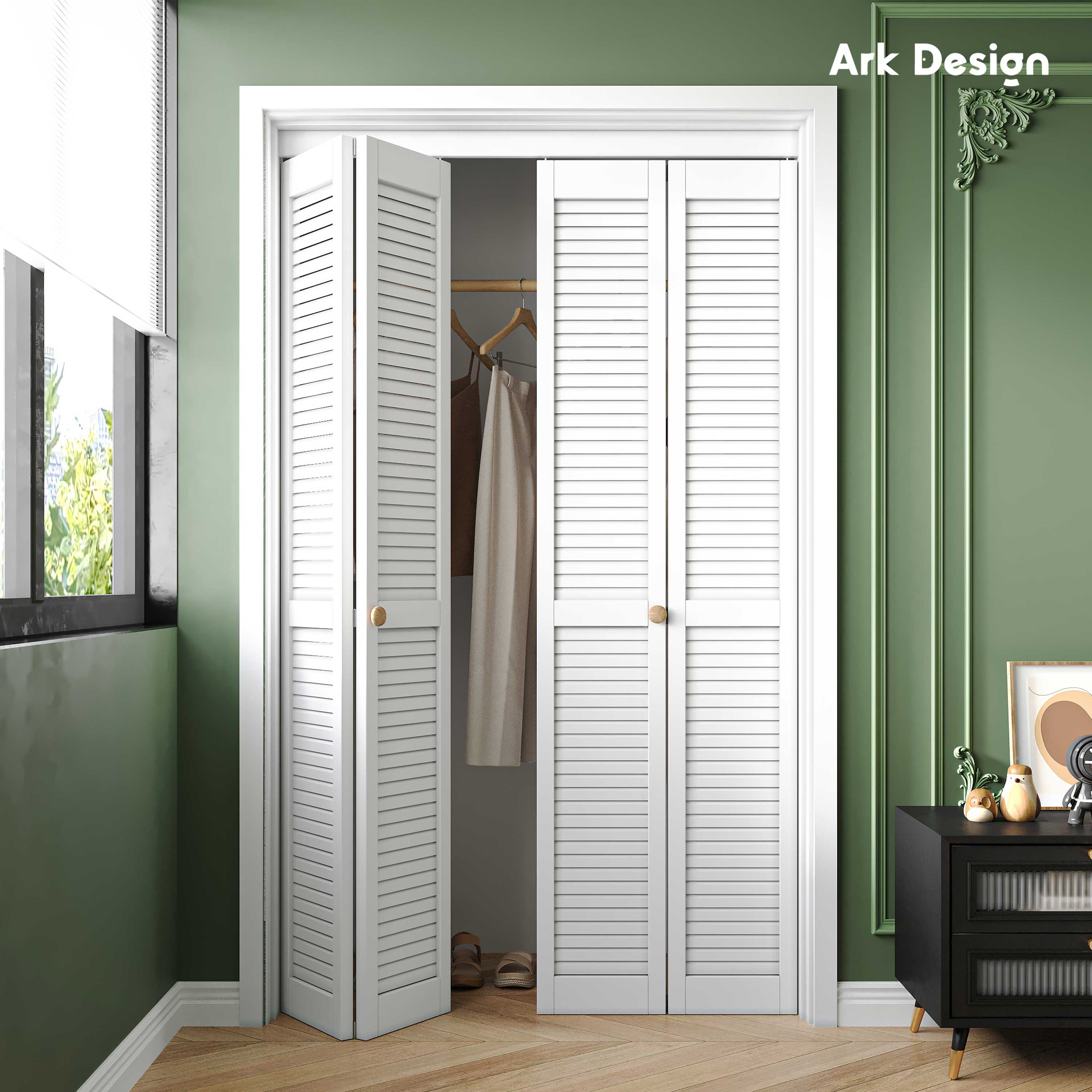 Ark Design Louvered Closet Bifold Door with Hardware Kit & Knob, Solid Core MDF Wood & PVC Covered Finished, White