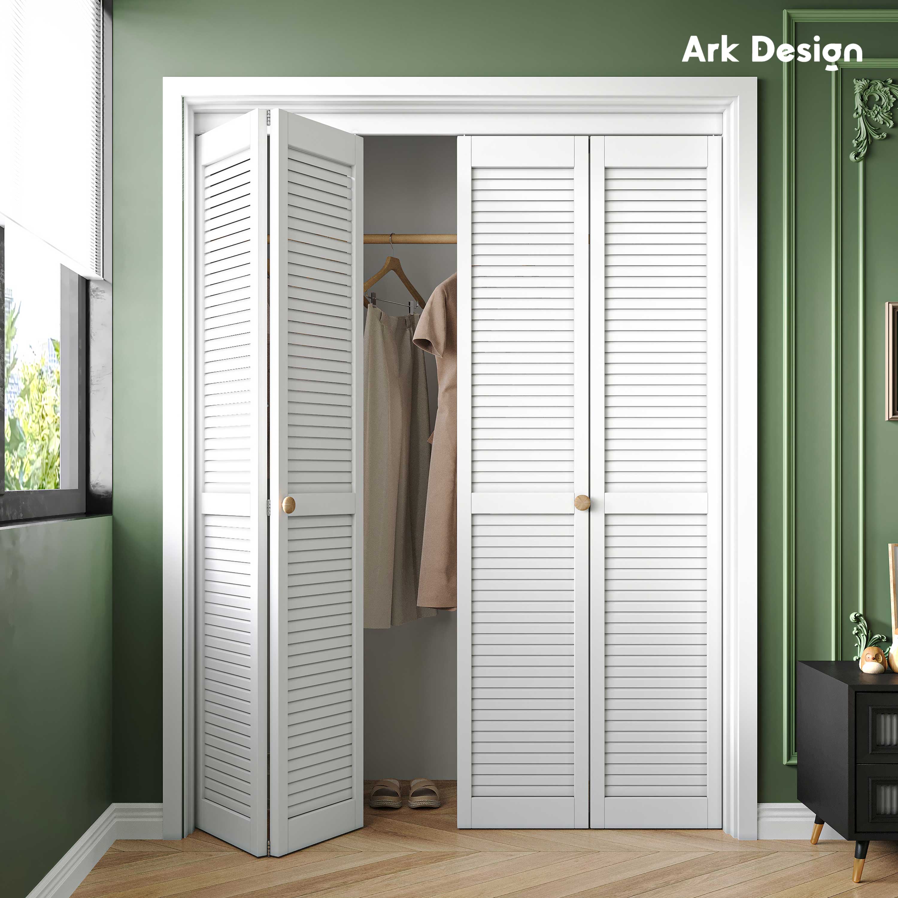 Ark Design Louvered Closet Bifold Door with Hardware Kit & Knob, Solid Core MDF Wood & PVC Covered Finished, White