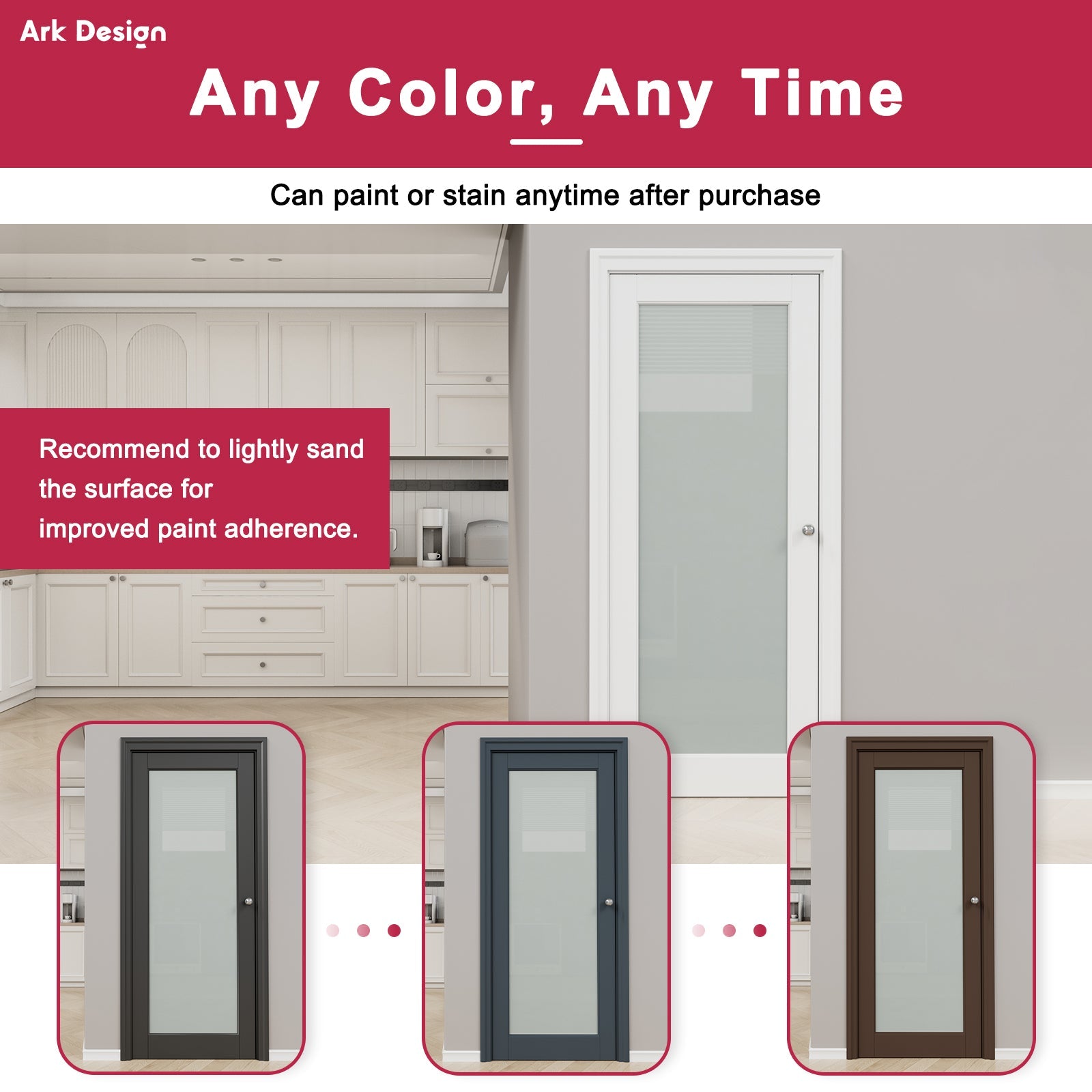 Ark Design Unfinished Solid Core Pine Wood 3-Lite Tempered Frosted Glass Interior Door Slab with/without Prehung Kit
