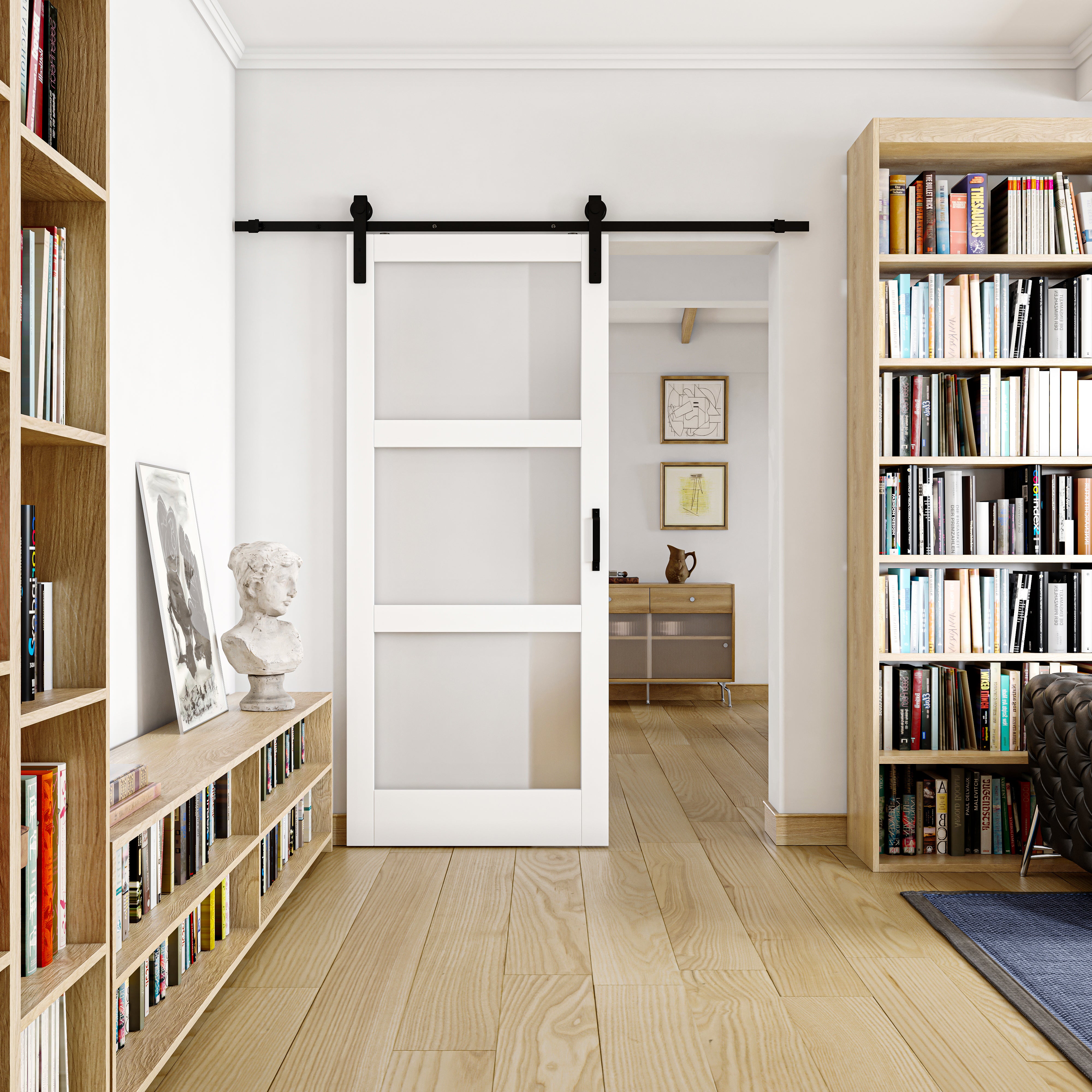 Ark Design Sliding Barn Door, 3-Lite Tempered Frosted Glass, Solid Cor